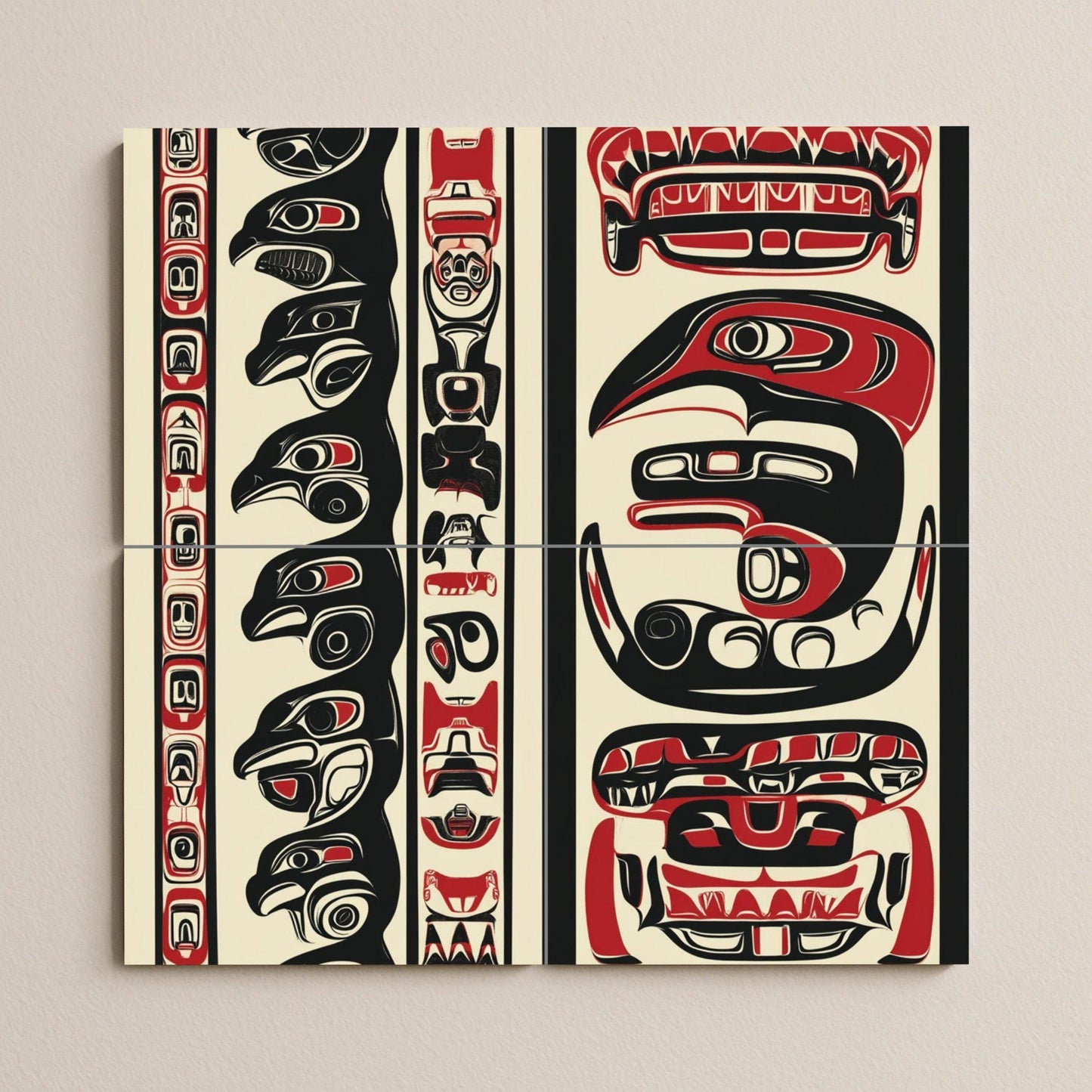 Inuit-inspired ceramic mural: mosaic artwork featuring northern animal motifs, bold black and red patterns, and tribal details on the edges.