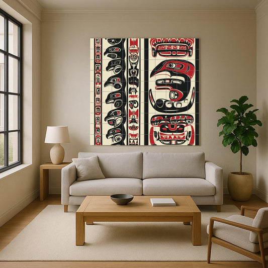 Inuit-inspired ceramic mural: mosaic artwork featuring northern animal motifs, bold black and red patterns, and tribal details on the edges.