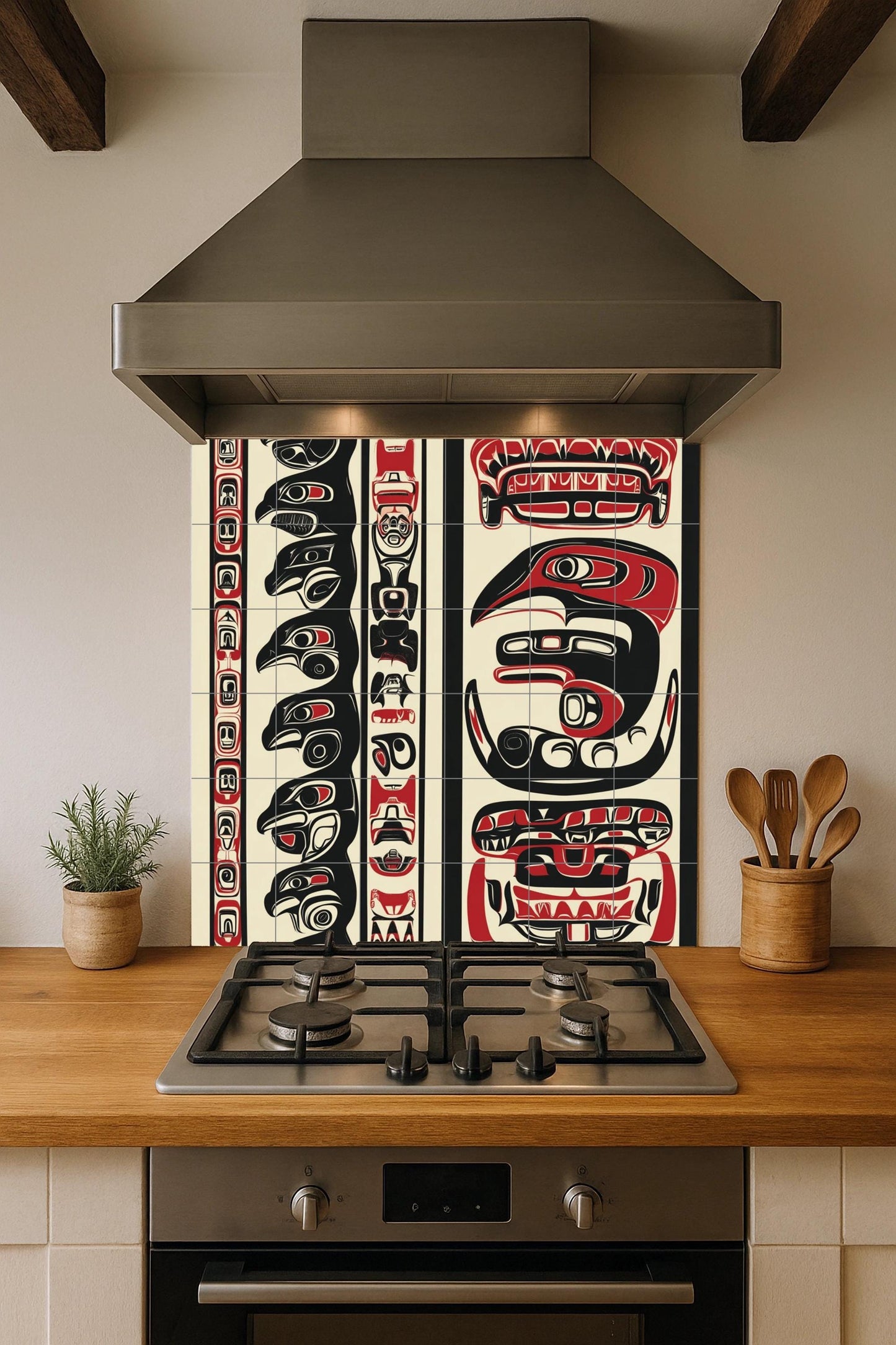 Inuit-inspired ceramic mural: mosaic artwork featuring northern animal motifs, bold black and red patterns, and tribal details on the edges.