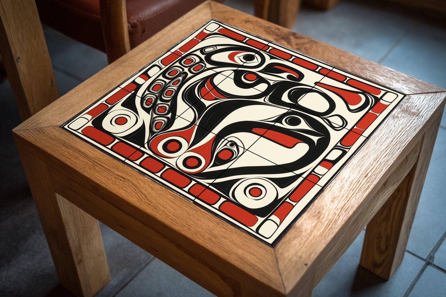 Inuit-inspired ceramic mural: mosaic artwork featuring northern animal motifs, bold black and red patterns, and tribal details on the edges.