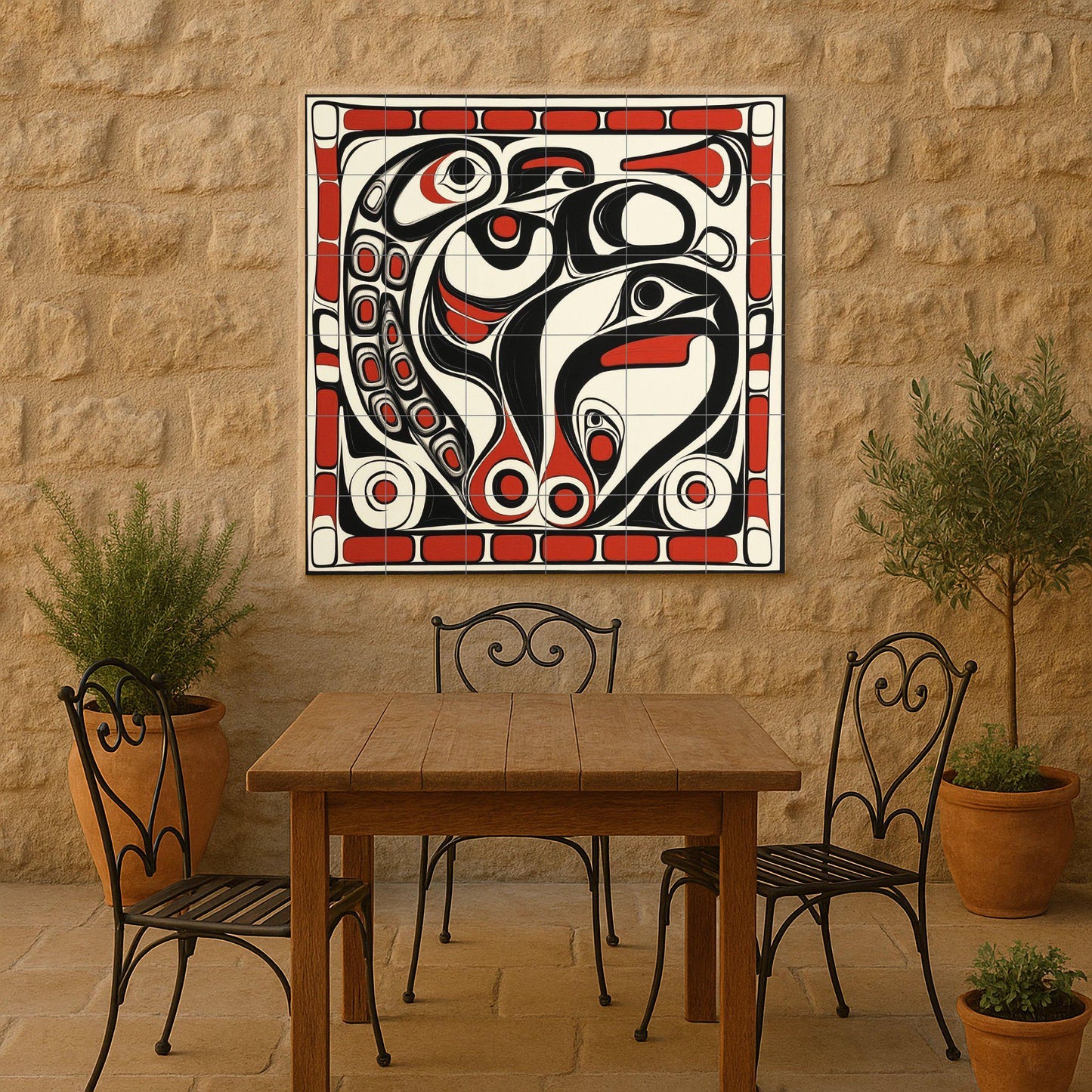 Inuit-inspired ceramic mural: mosaic artwork featuring northern animal motifs, bold black and red patterns, and tribal details on the edges.
