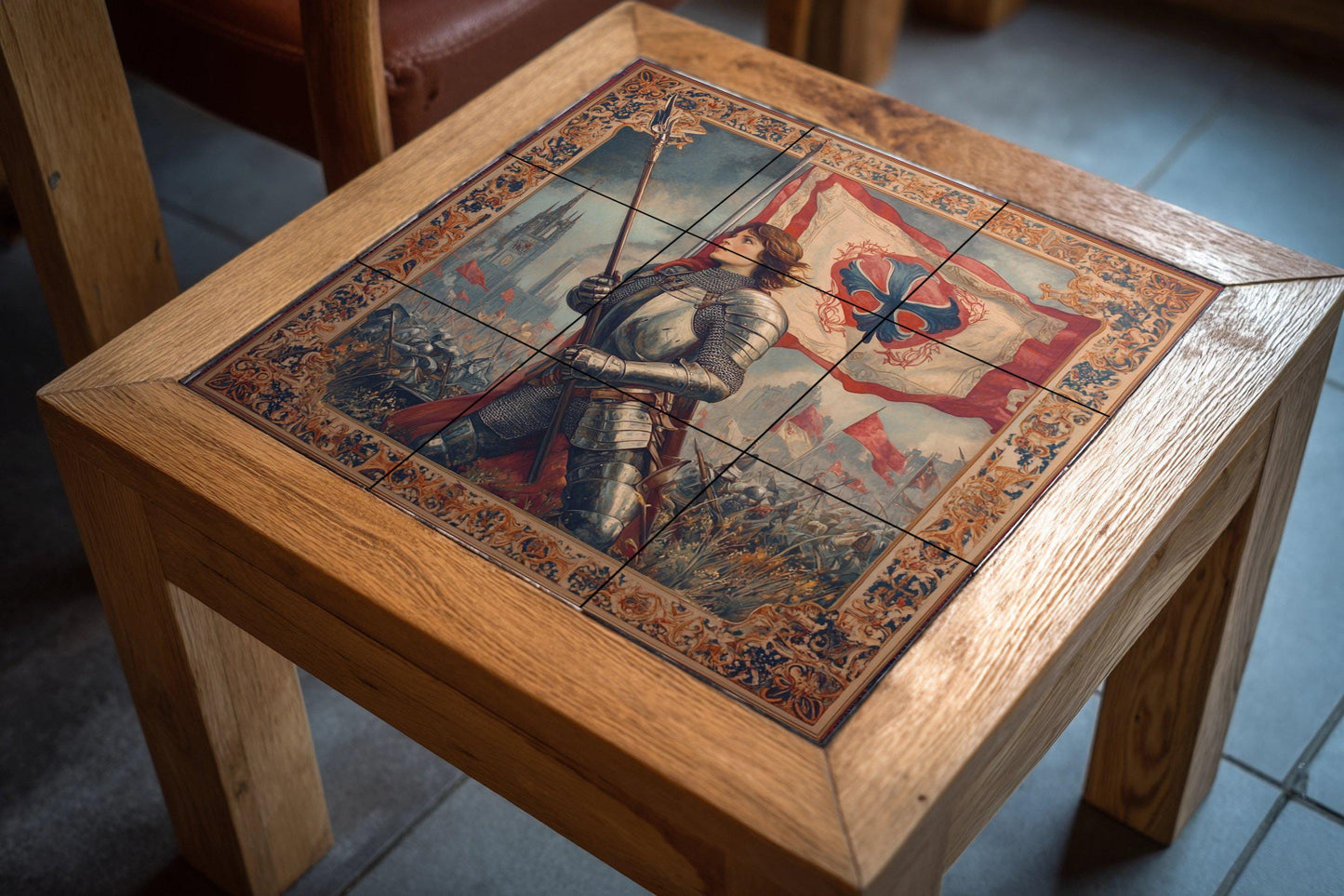 Ceramic mural of Joan of Arc: artwork of a medieval heroine with historical battle scene, Gothic cathedral background and ornamental frame.