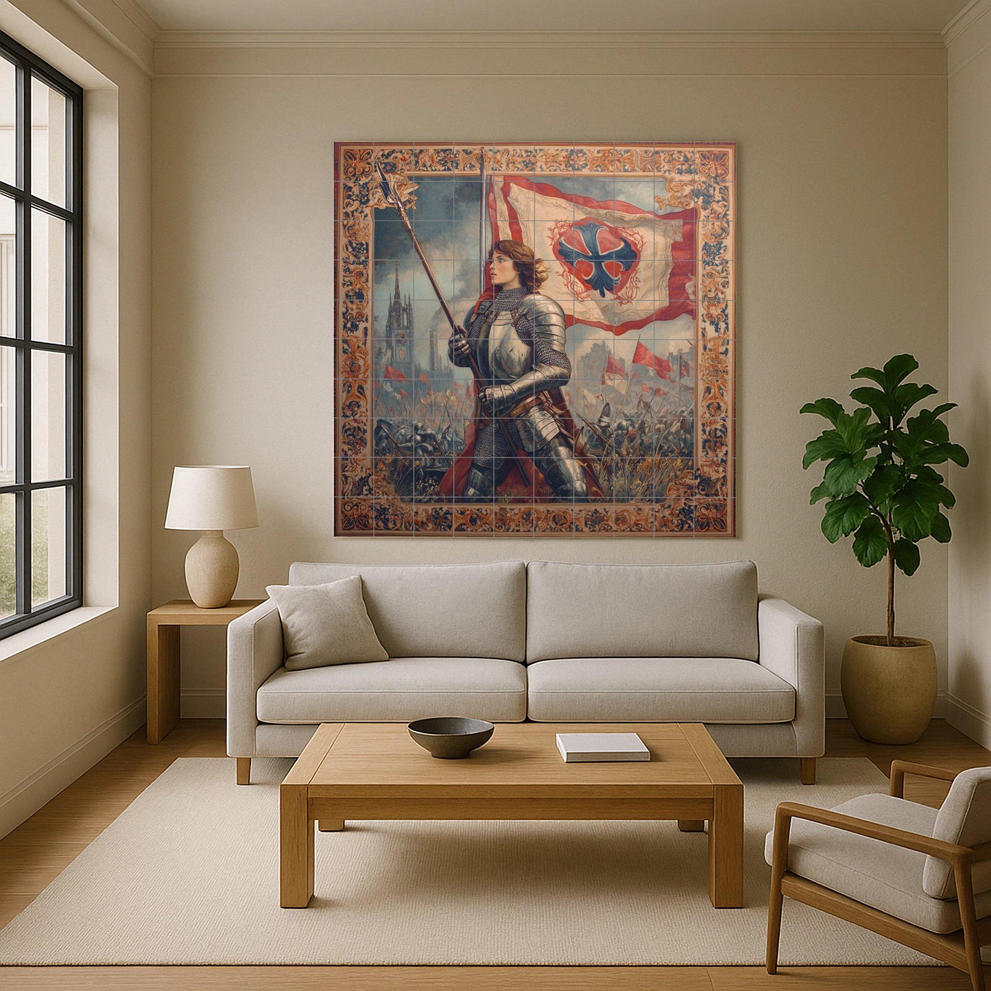 Ceramic mural of Joan of Arc: artwork of a medieval heroine with historical battle scene, Gothic cathedral background and ornamental frame.