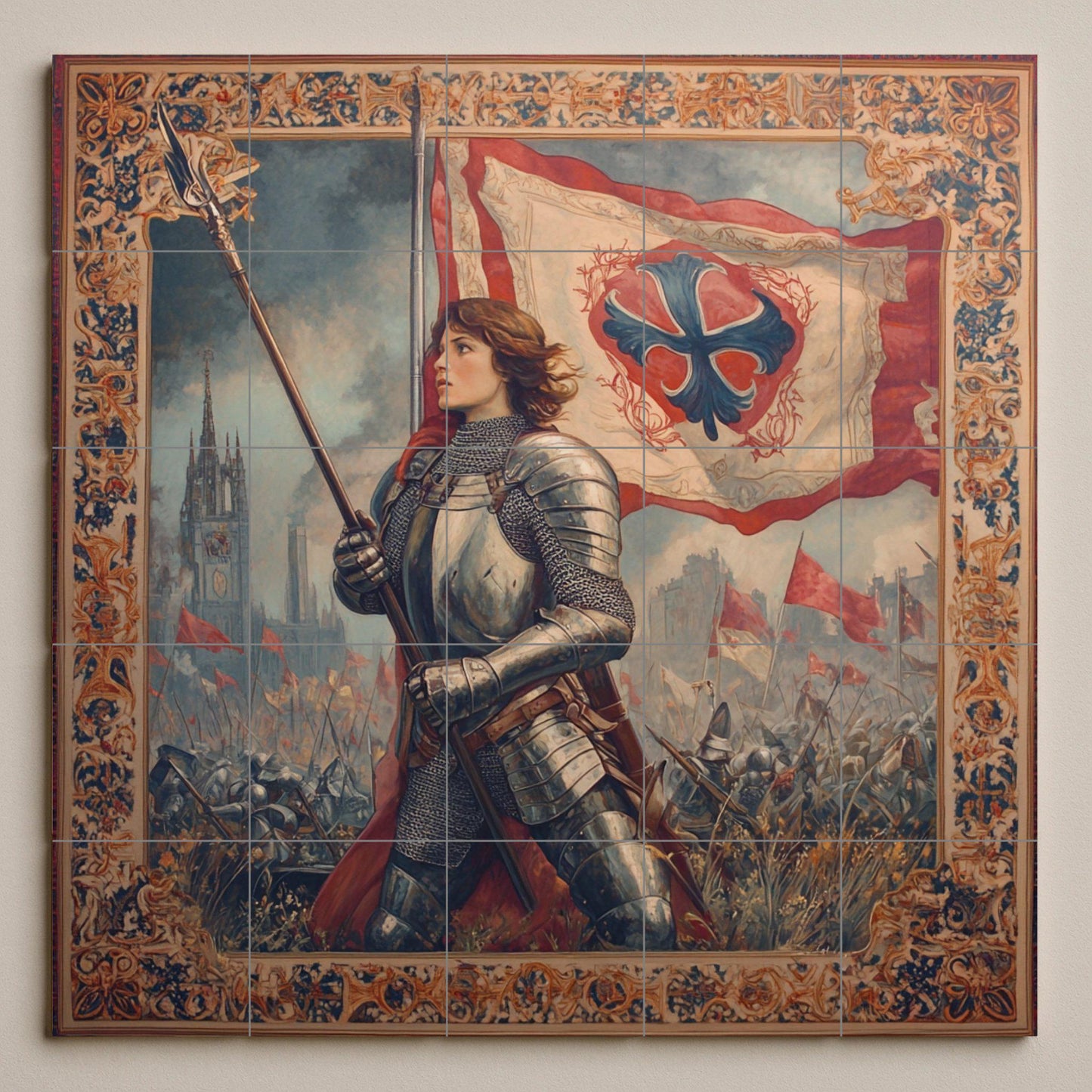 Ceramic mural of Joan of Arc: artwork of a medieval heroine with historical battle scene, Gothic cathedral background and ornamental frame.