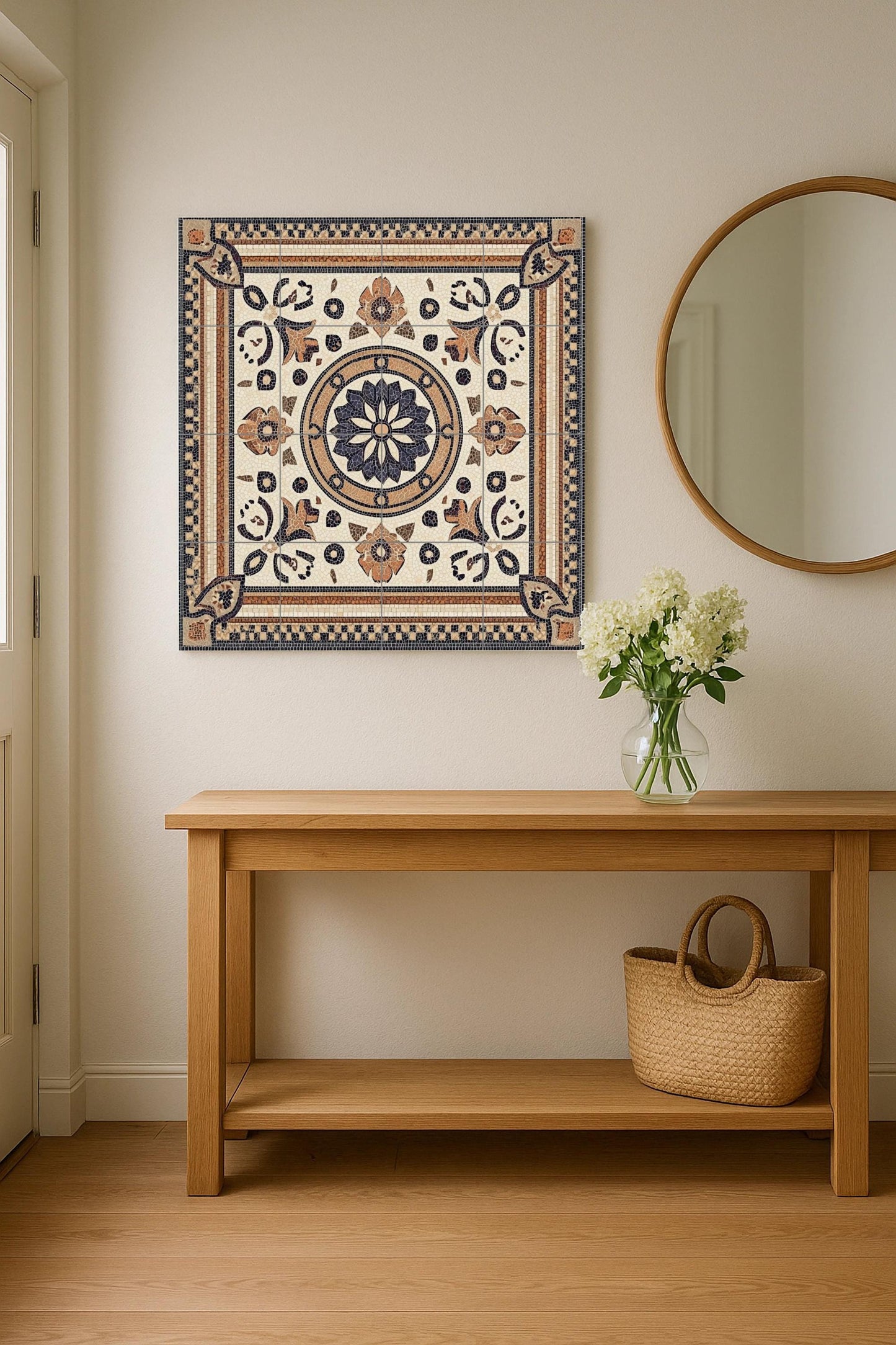 Roman mosaic ceramic mural: classic work with imperial geometric borders, floral medallion and design inspired by ancient Rome.