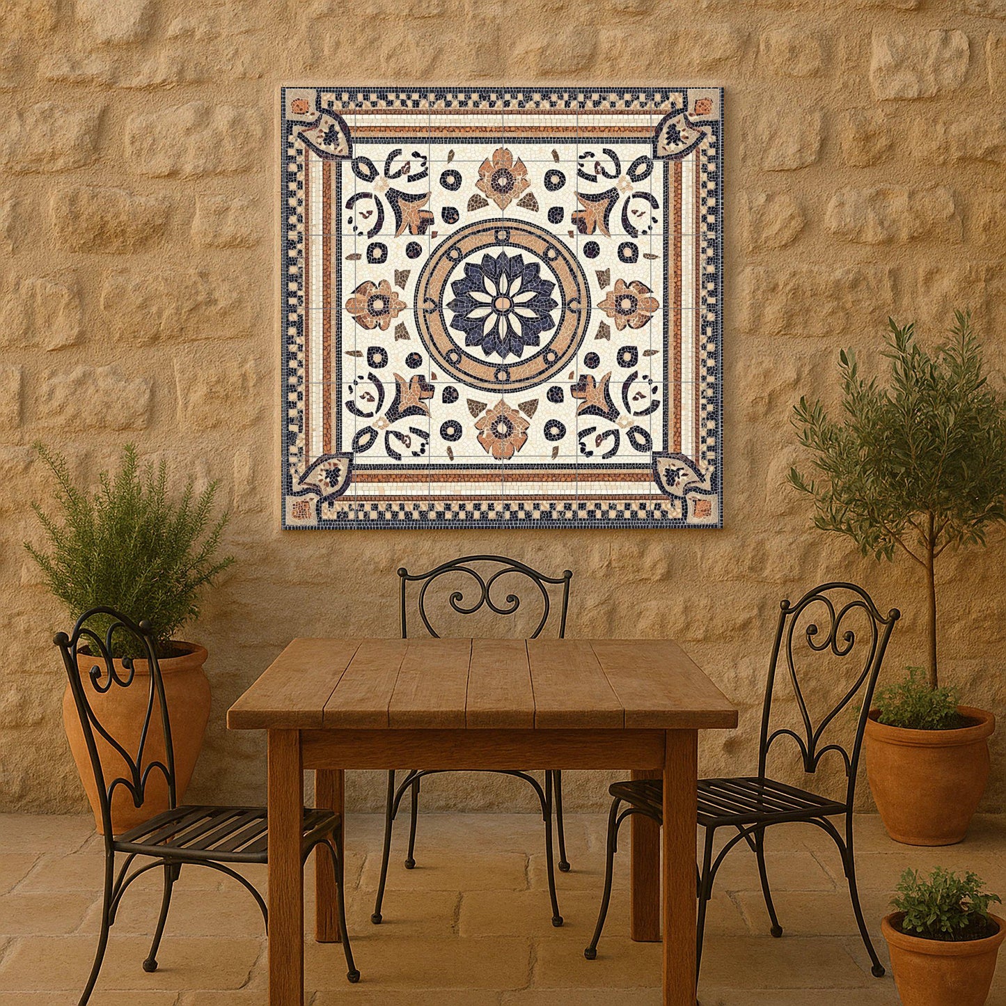 Roman mosaic ceramic mural: classic work with imperial geometric borders, floral medallion and design inspired by ancient Rome.
