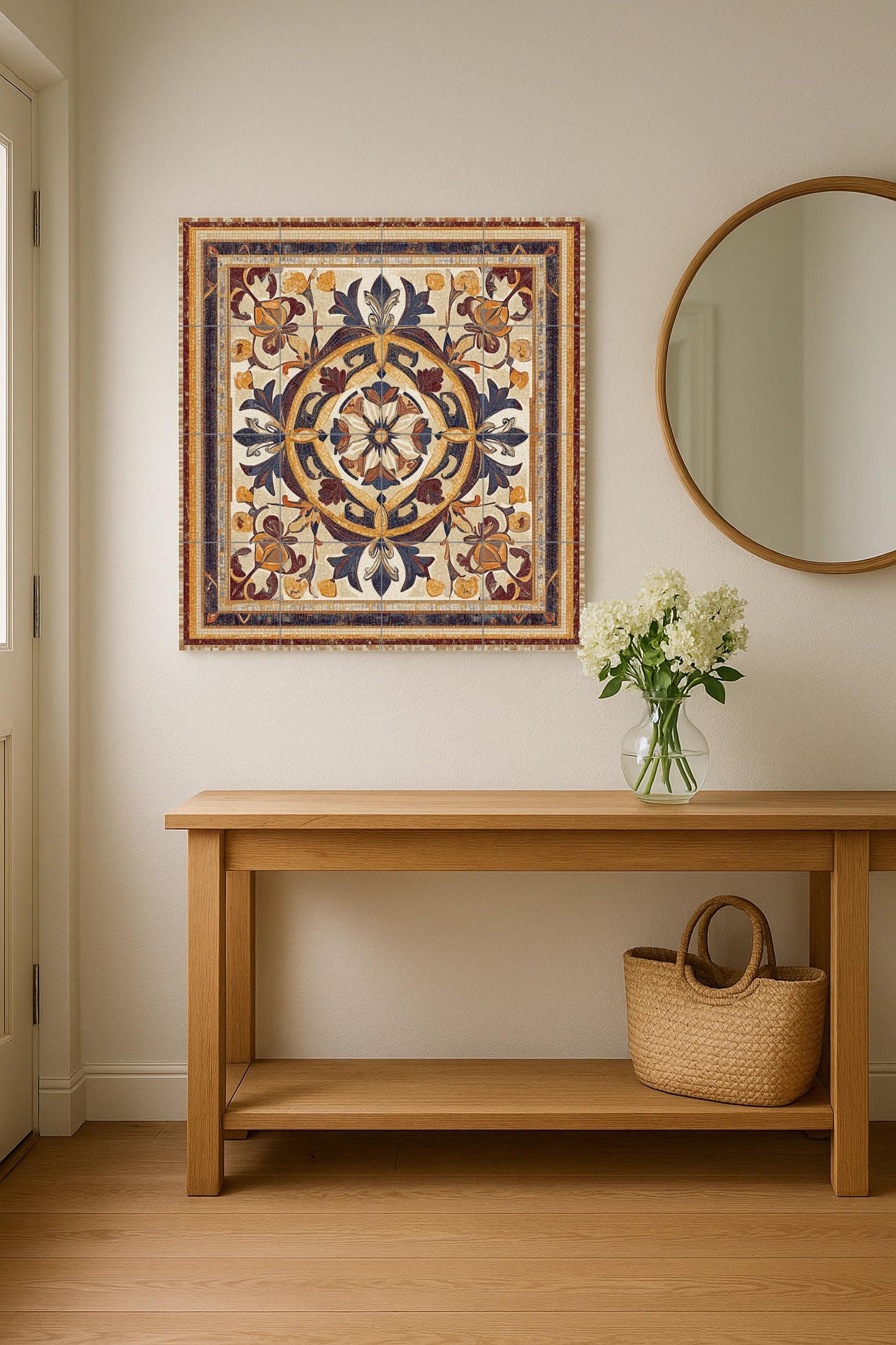Luxury decorative ceramic mural: elegant artwork with floral medallions and refined ornaments, a classic and timeless interior touch.