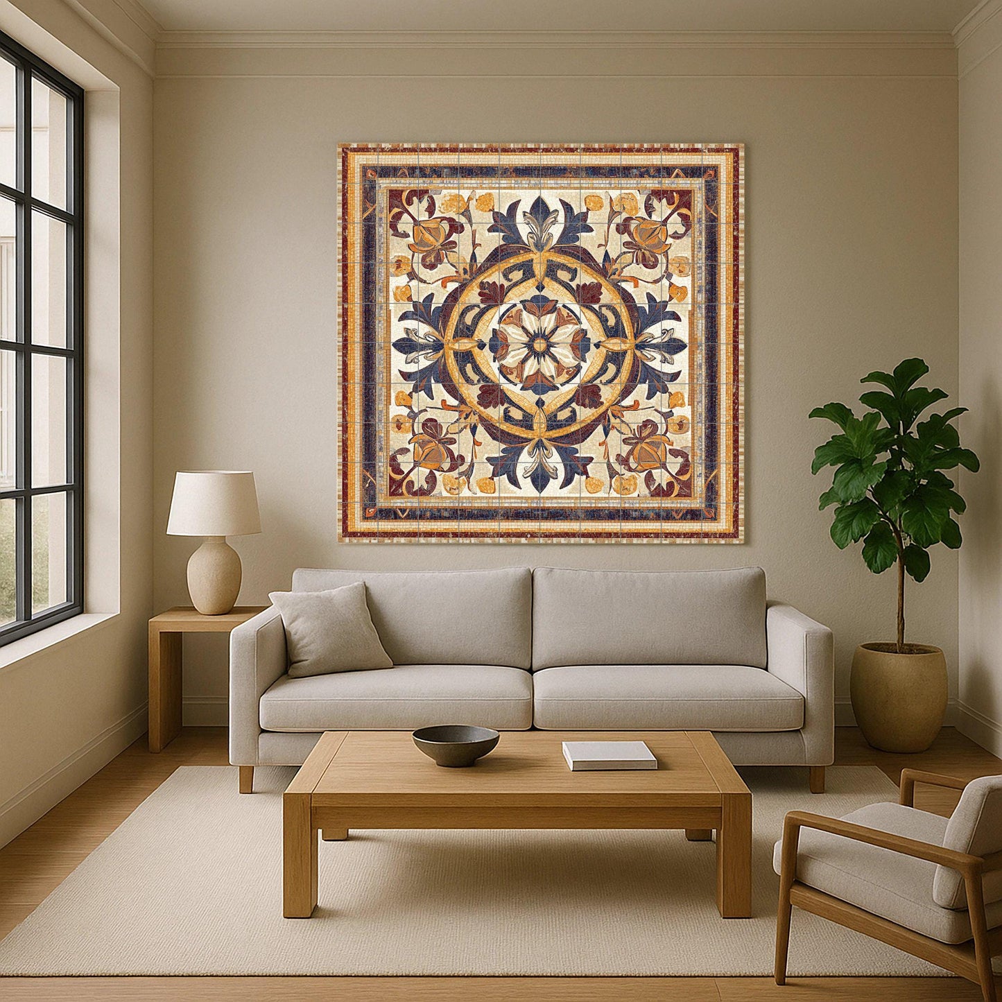 Luxury decorative ceramic mural: elegant artwork with floral medallions and refined ornaments, a classic and timeless interior touch.