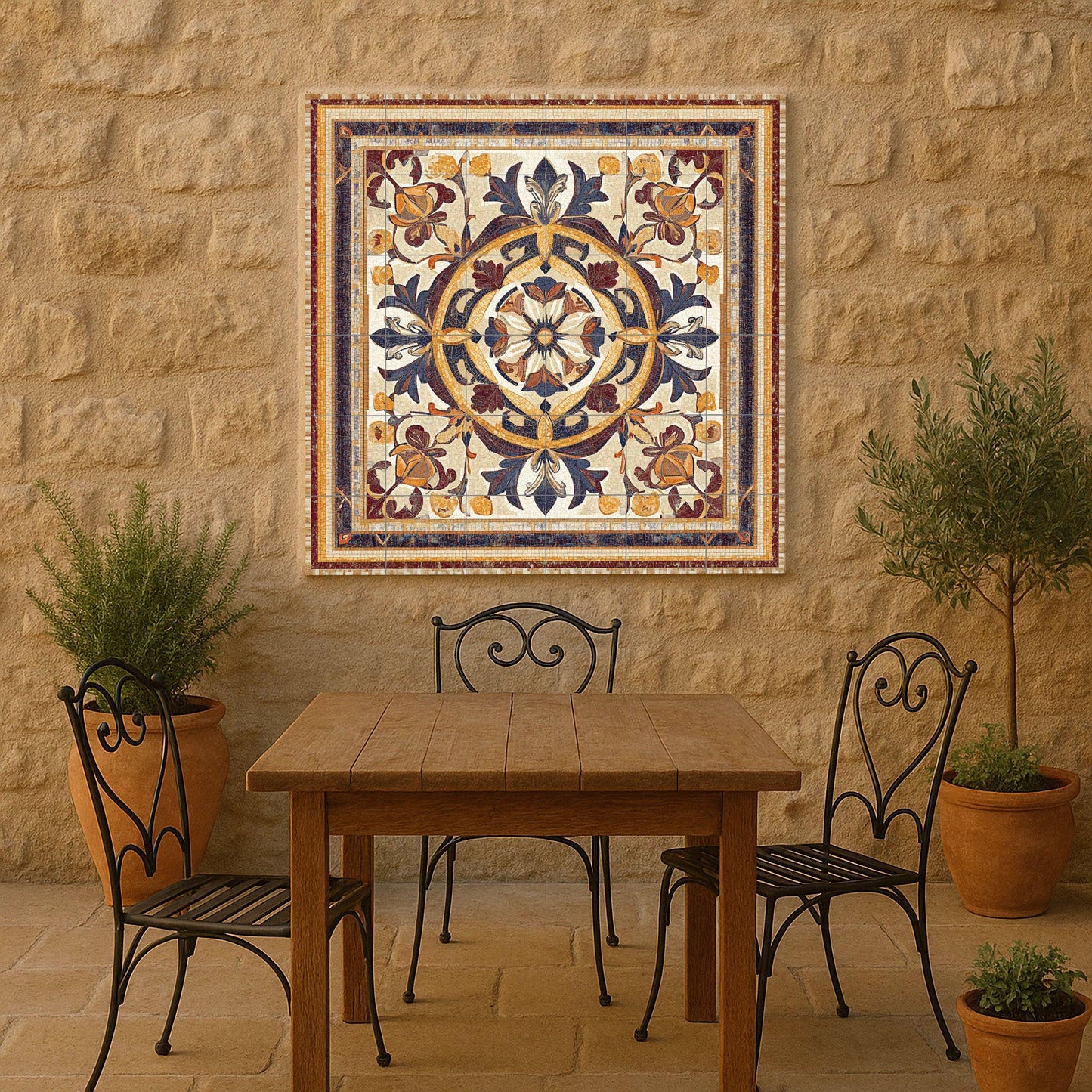 Luxury decorative ceramic mural: elegant artwork with floral medallions and refined ornaments, a classic and timeless interior touch.
