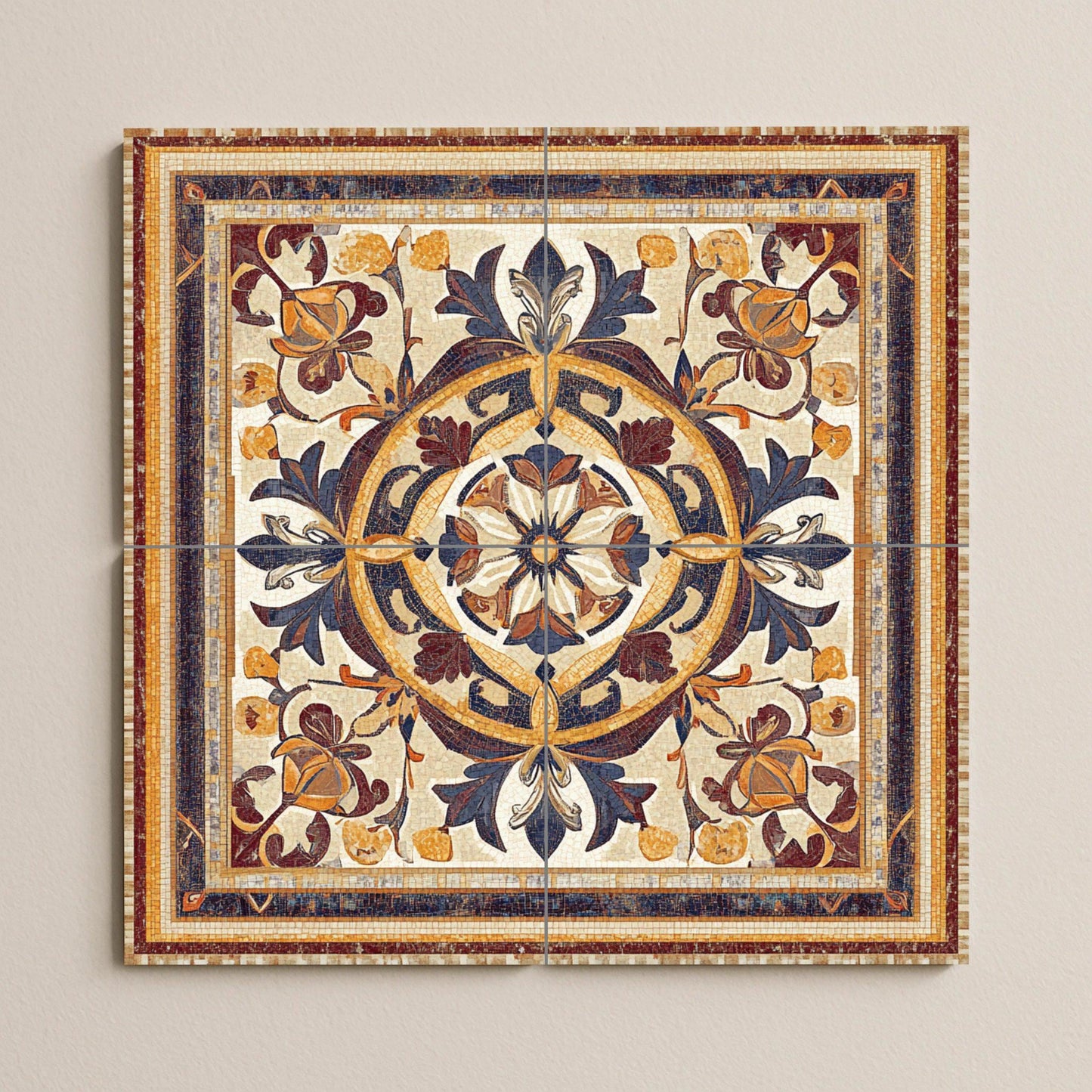 Luxury decorative ceramic mural: elegant artwork with floral medallions and refined ornaments, a classic and timeless interior touch.