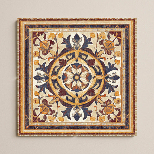 Luxury decorative ceramic mural: elegant artwork with floral medallions and refined ornaments, a classic and timeless interior touch.