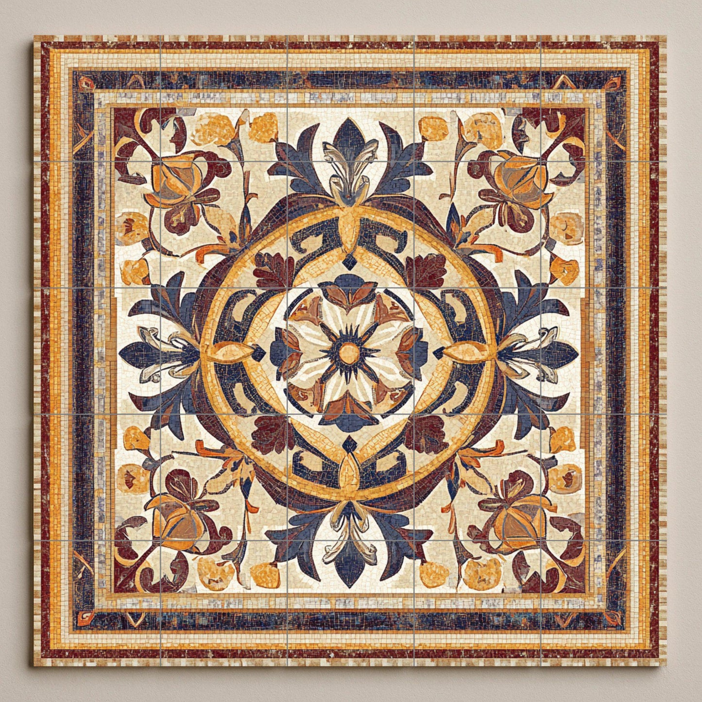 Luxury decorative ceramic mural: elegant artwork with floral medallions and refined ornaments, a classic and timeless interior touch.