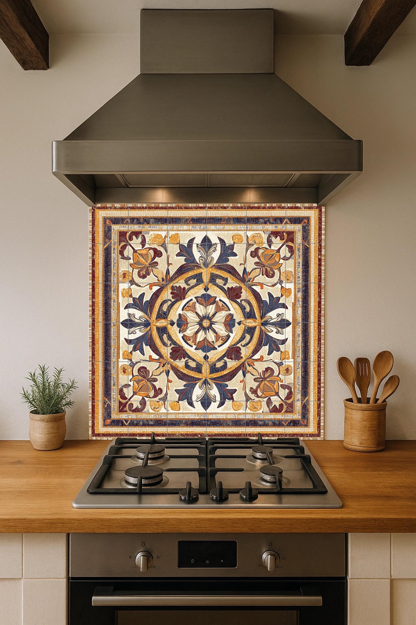 Luxury decorative ceramic mural: elegant artwork with floral medallions and refined ornaments, a classic and timeless interior touch.
