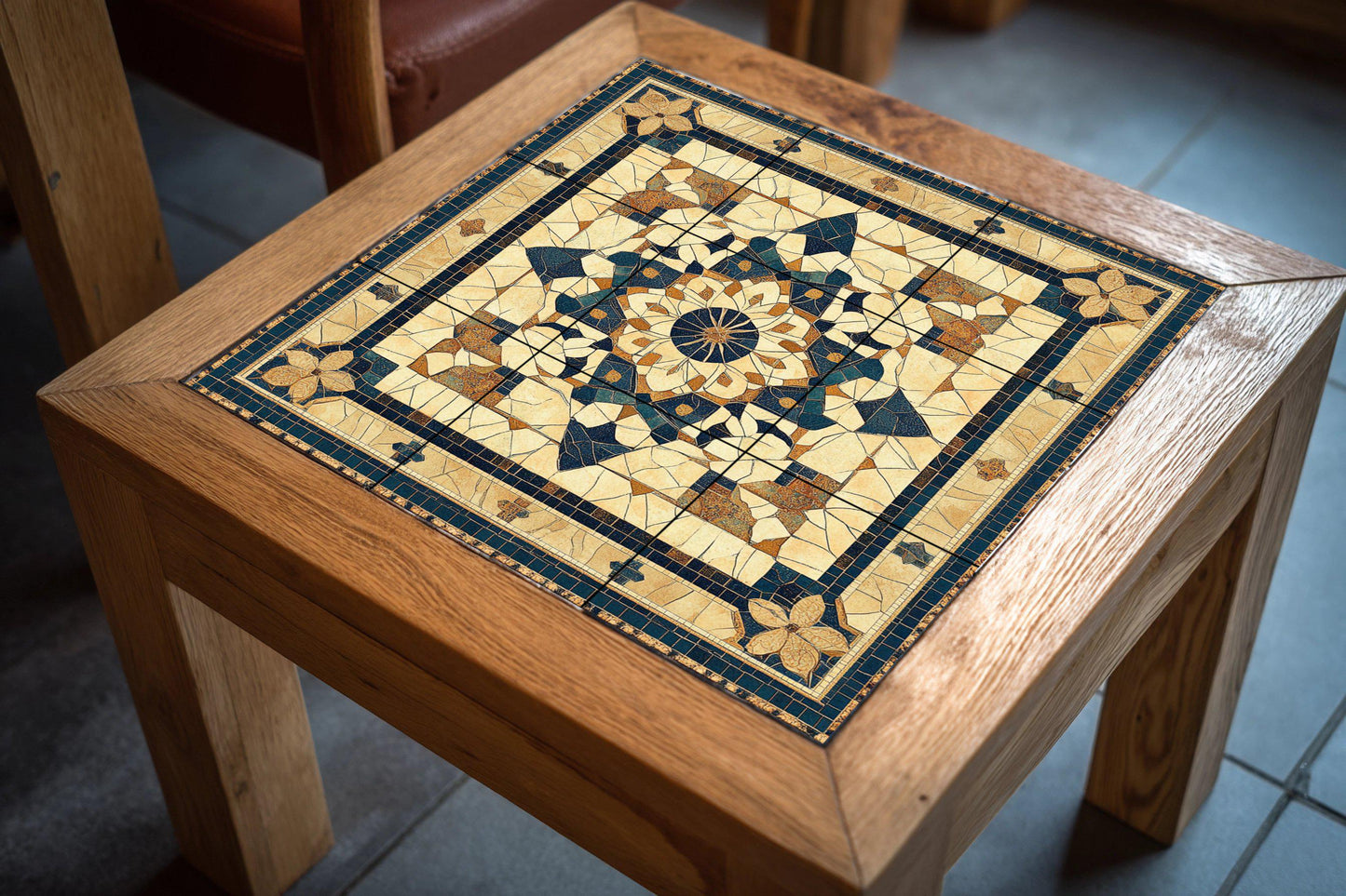 Petra ceramic mosaic mural: artwork inspired by the Jordanian desert with geometric arabesques, Romano-Byzantine floral motifs and sandstone.