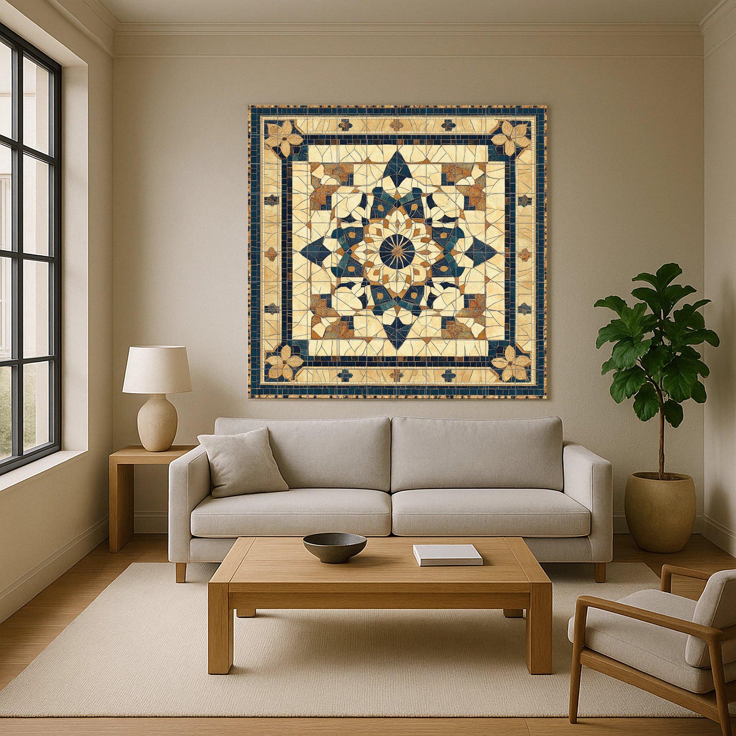 Petra ceramic mosaic mural: artwork inspired by the Jordanian desert with geometric arabesques, Romano-Byzantine floral motifs and sandstone.