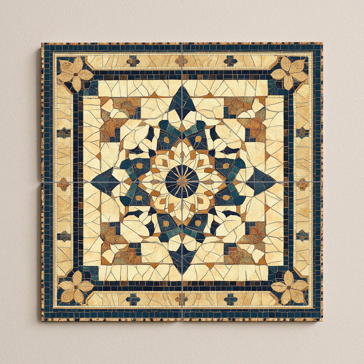 Petra ceramic mosaic mural: artwork inspired by the Jordanian desert with geometric arabesques, Romano-Byzantine floral motifs and sandstone.