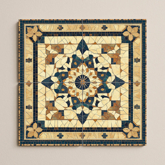 Petra ceramic mosaic mural: artwork inspired by the Jordanian desert with geometric arabesques, Romano-Byzantine floral motifs and sandstone.