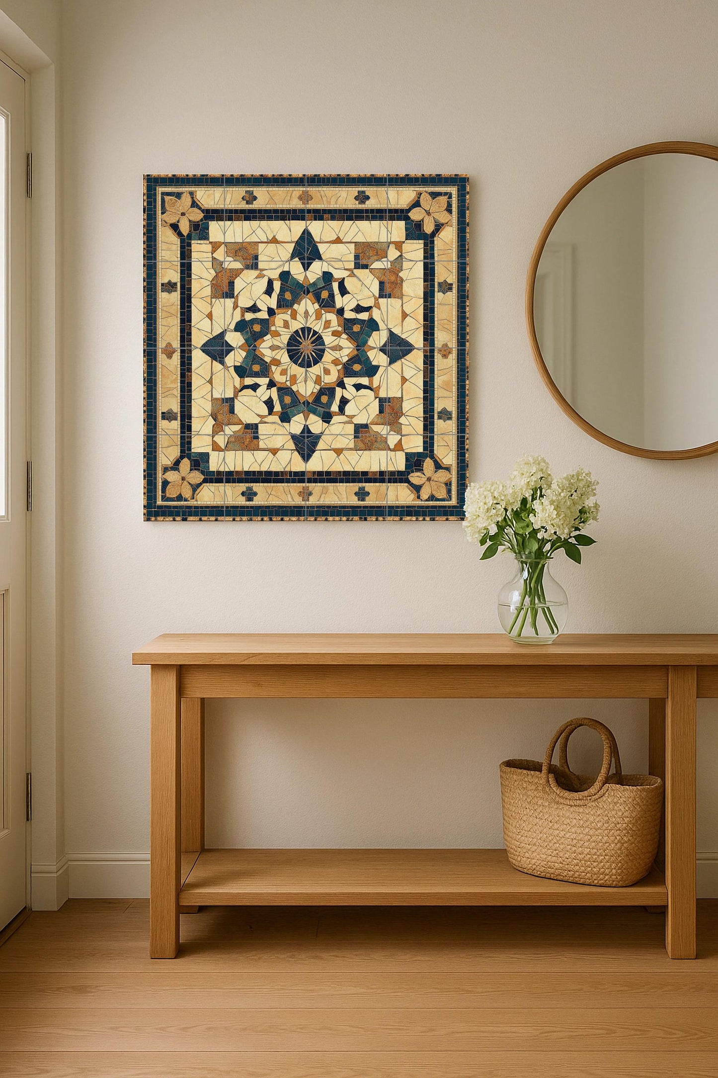 Petra ceramic mosaic mural: artwork inspired by the Jordanian desert with geometric arabesques, Romano-Byzantine floral motifs and sandstone.