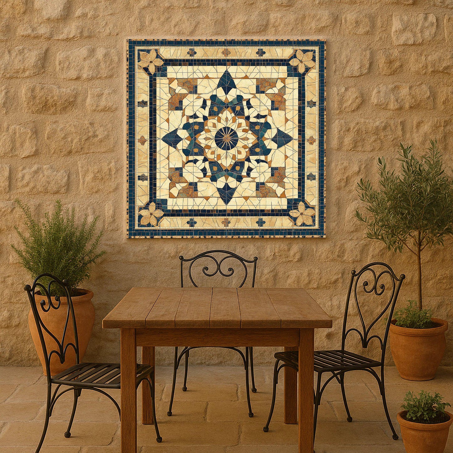 Petra ceramic mosaic mural: artwork inspired by the Jordanian desert with geometric arabesques, Romano-Byzantine floral motifs and sandstone.