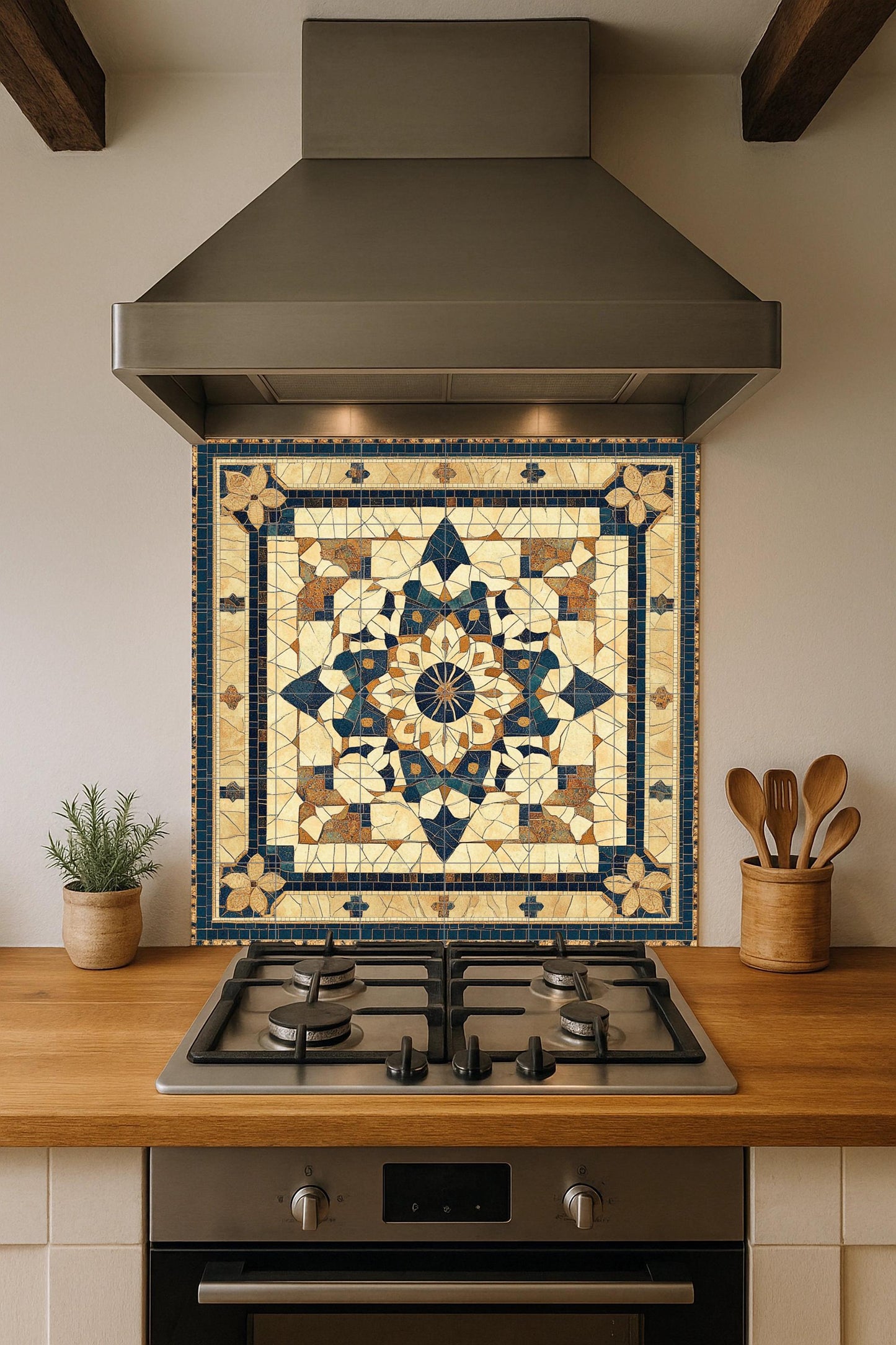 Petra ceramic mosaic mural: artwork inspired by the Jordanian desert with geometric arabesques, Romano-Byzantine floral motifs and sandstone.