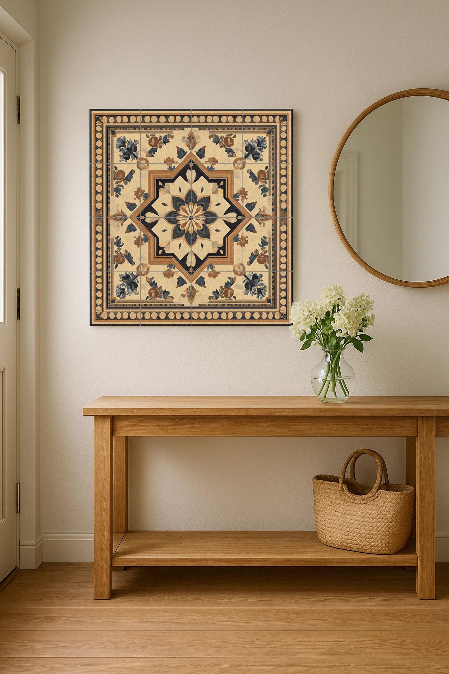 Ceramic mural in desert tones: artwork inspired by Jordanian mosaics with Greco-Arabic geometry, floral ornaments and Byzantine frame.