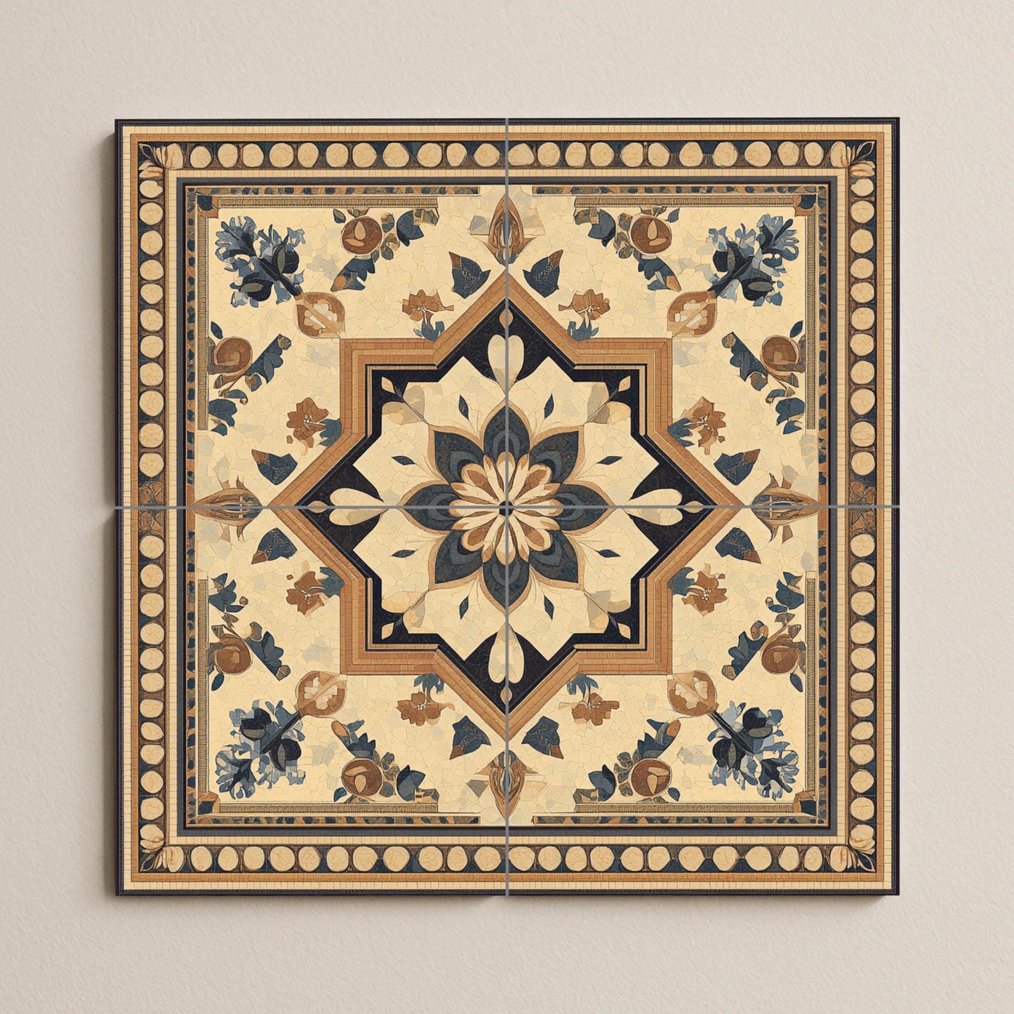 Ceramic mural in desert tones: artwork inspired by Jordanian mosaics with Greco-Arabic geometry, floral ornaments and Byzantine frame.