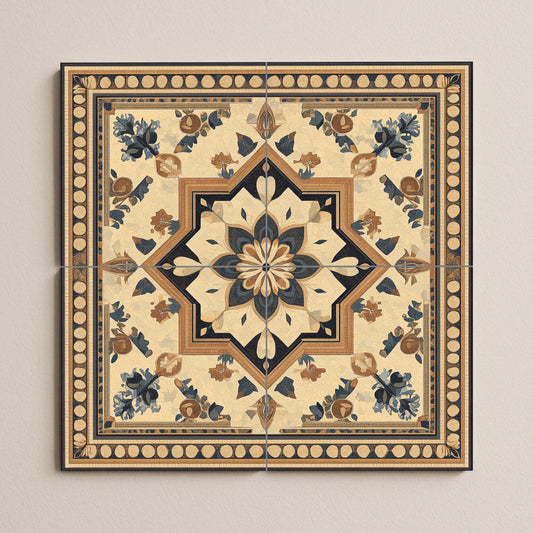 Ceramic mural in desert tones: artwork inspired by Jordanian mosaics with Greco-Arabic geometry, floral ornaments and Byzantine frame.