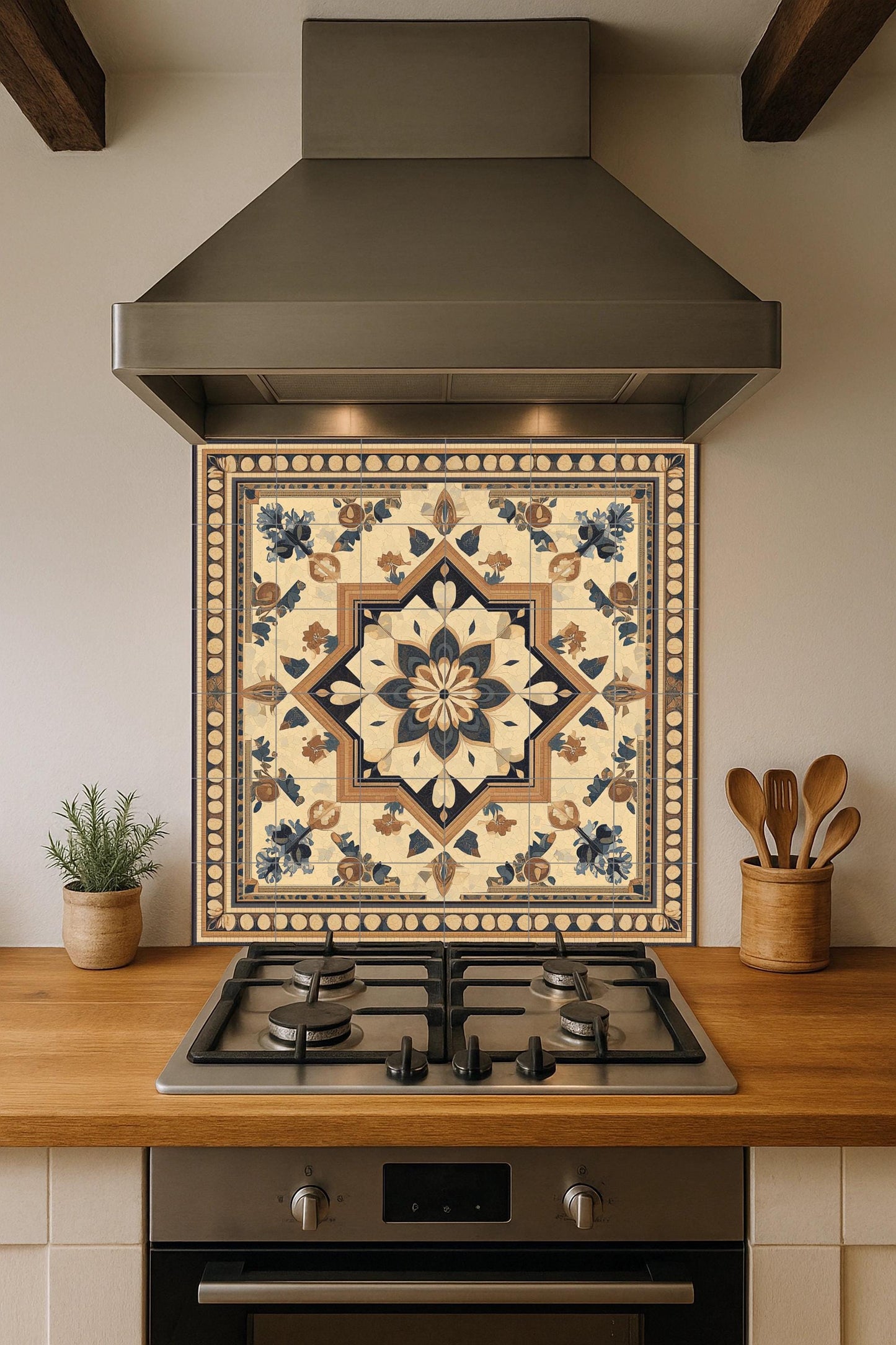 Ceramic mural in desert tones: artwork inspired by Jordanian mosaics with Greco-Arabic geometry, floral ornaments and Byzantine frame.