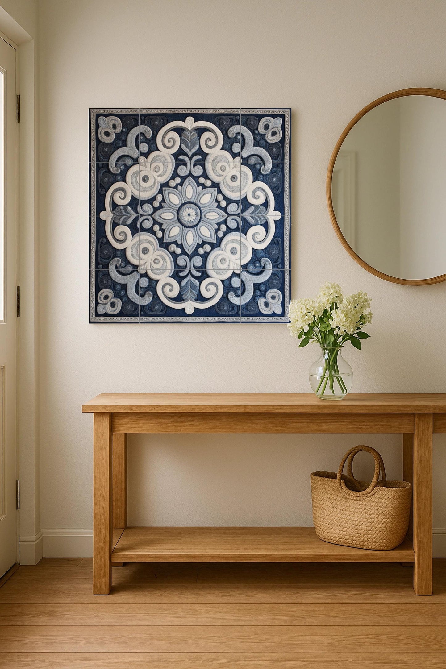 Blue and white ceramic mural: ornamental mandala mosaic artwork with abstract spiral patterns and elegant decorative symmetry.