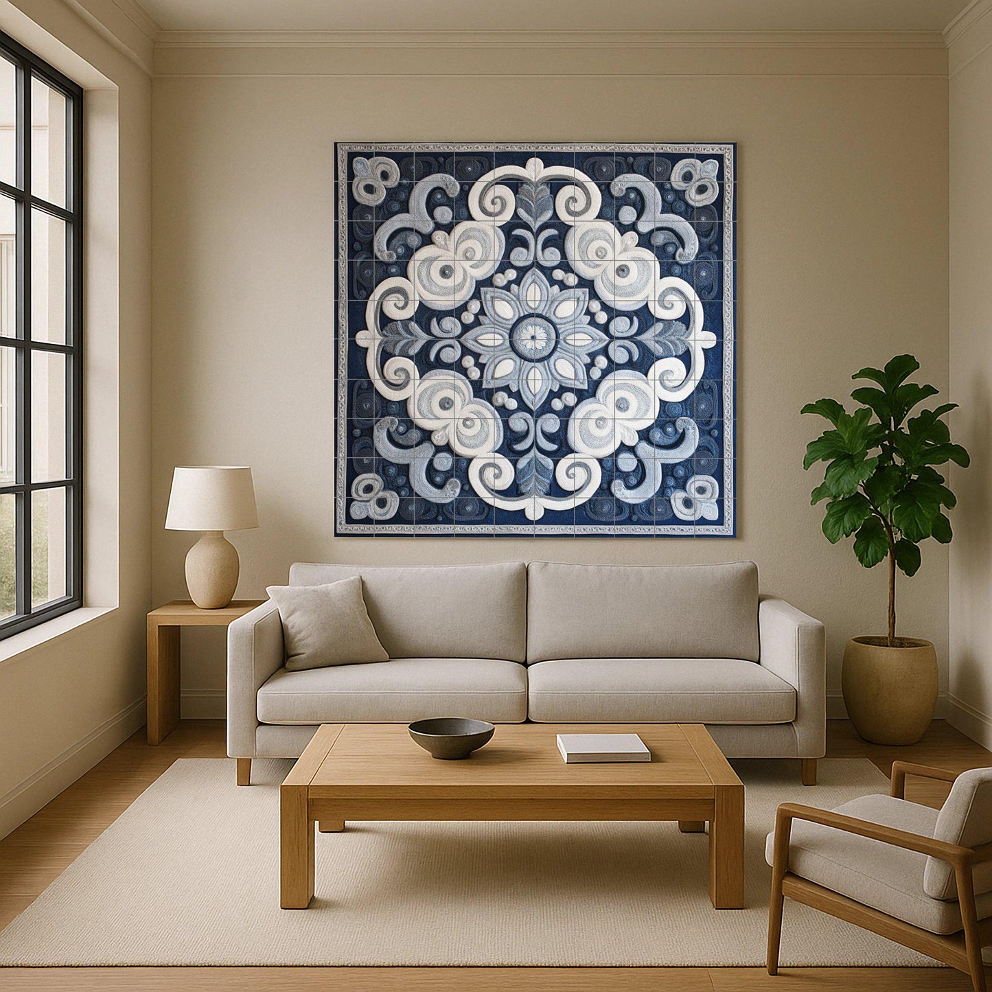 Blue and white ceramic mural: ornamental mandala mosaic artwork with abstract spiral patterns and elegant decorative symmetry.