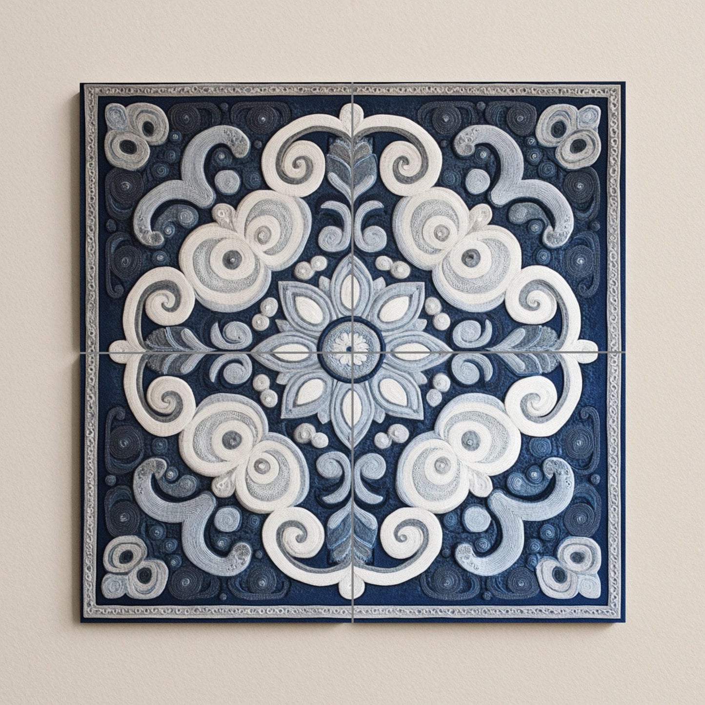 Blue and white ceramic mural: ornamental mandala mosaic artwork with abstract spiral patterns and elegant decorative symmetry.