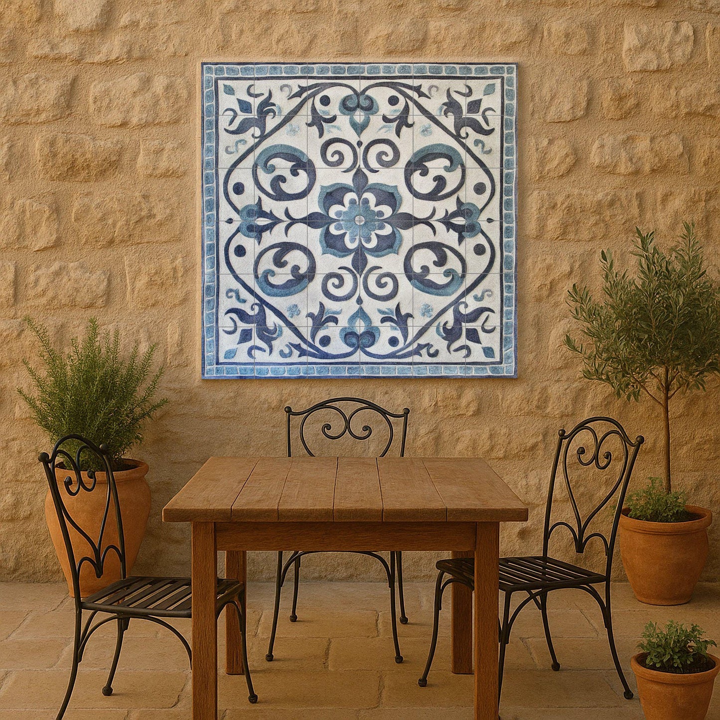 Gray and blue ceramic mural: Kazakh-inspired tile artwork featuring spiral ornamental motifs and a tribal yurt border design.