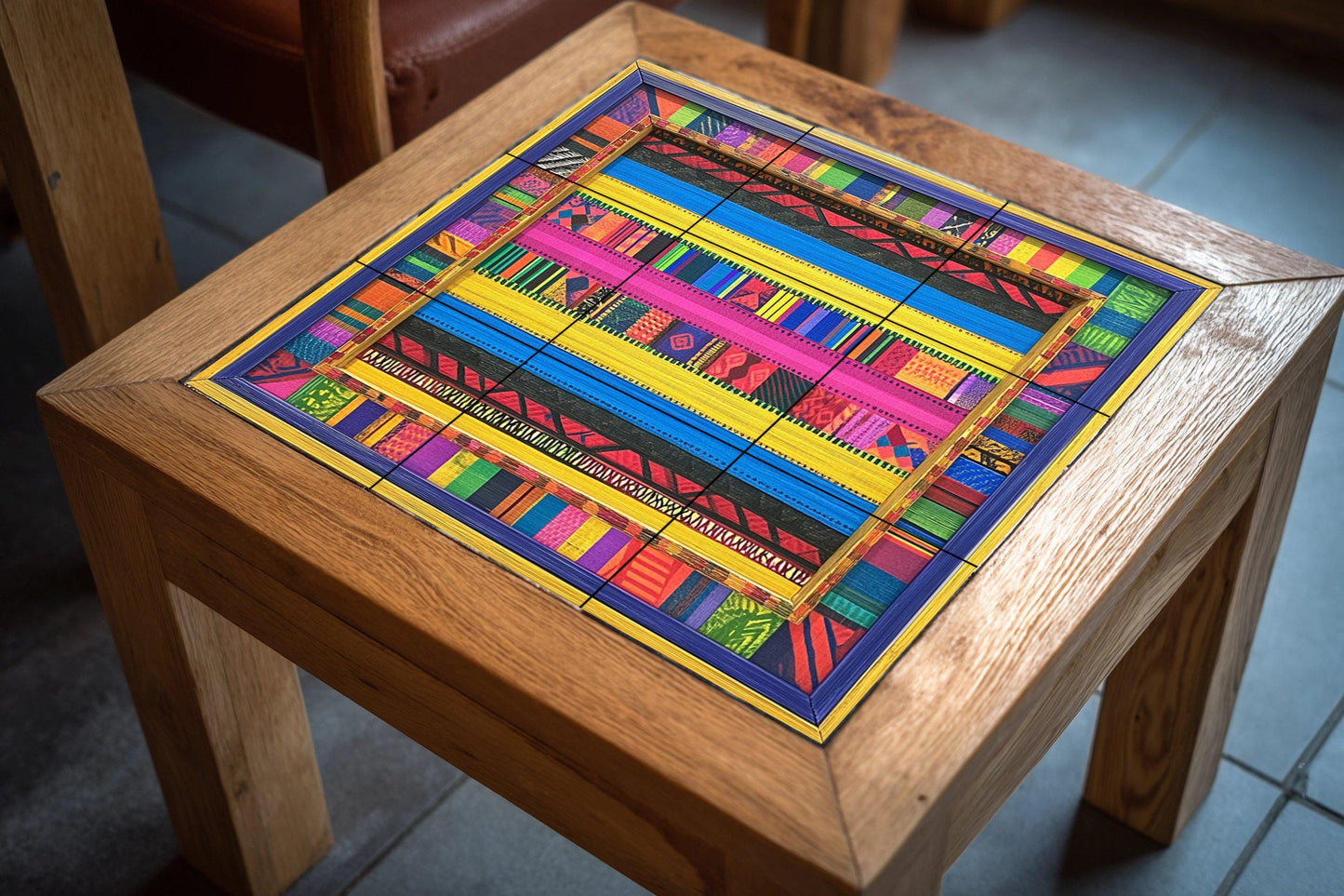Colorful striped ceramic mural: tile artwork inspired by Kenyan kikoy style with tribal geometric accents and a vibrant textile border design.