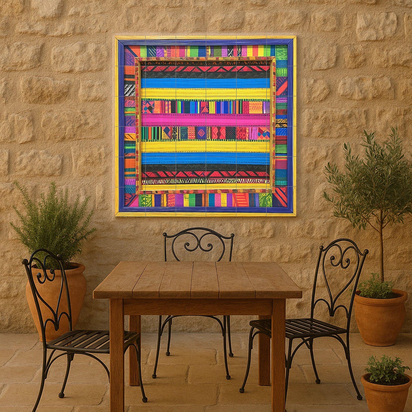Colorful striped ceramic mural: tile artwork inspired by Kenyan kikoy style with tribal geometric accents and a vibrant textile border design.