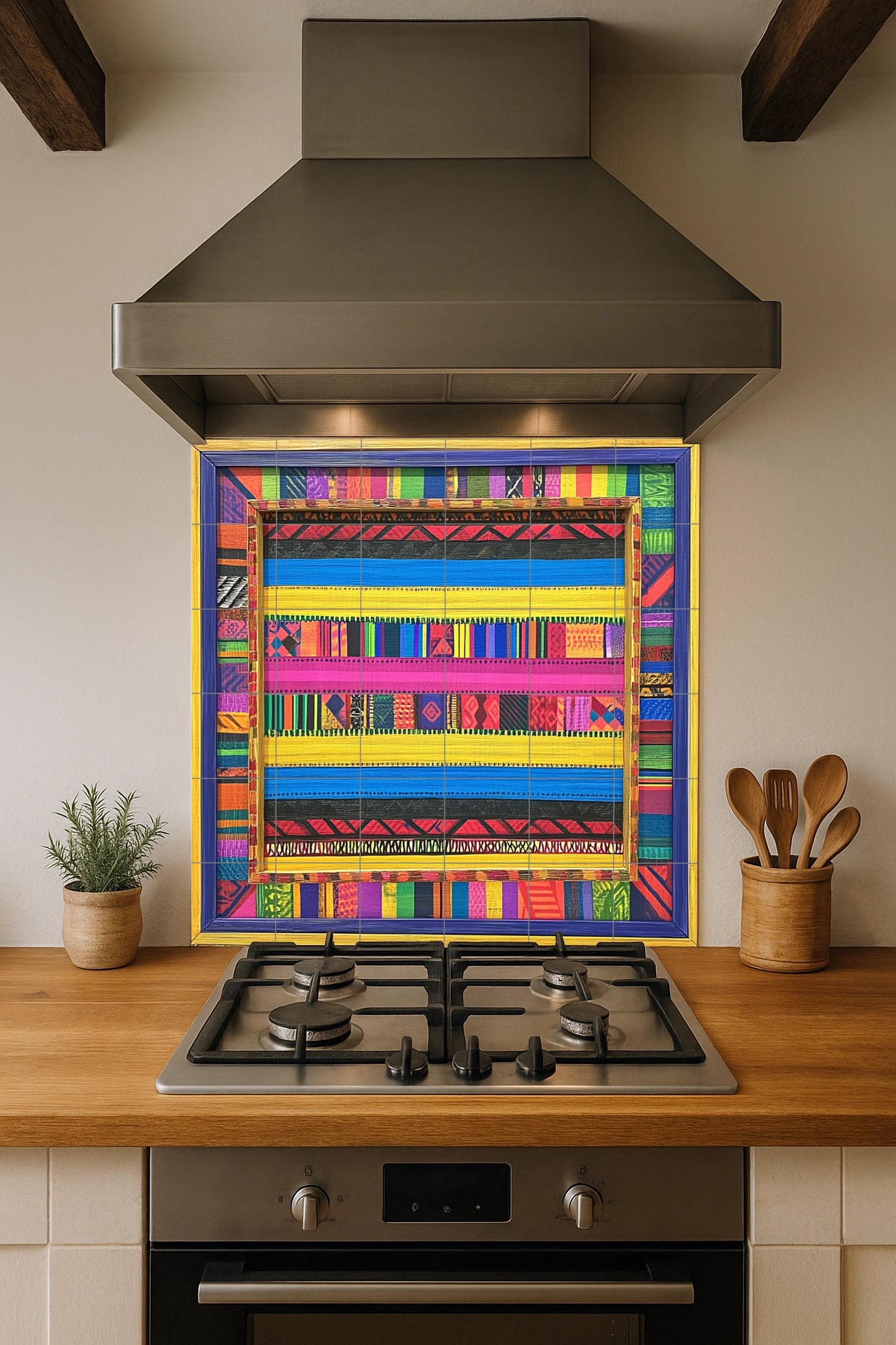 Colorful striped ceramic mural: tile artwork inspired by Kenyan kikoy style with tribal geometric accents and a vibrant textile border design.