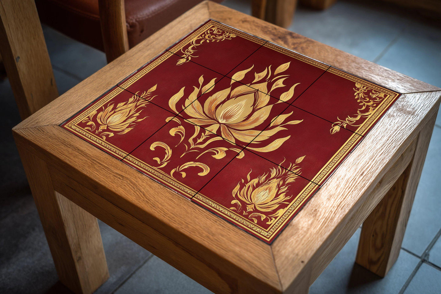 Golden Lotus Ceramic Mural: tile artwork inspired by a Khmer temple with flame motifs, maroon background and ornamental borders from Angkor.