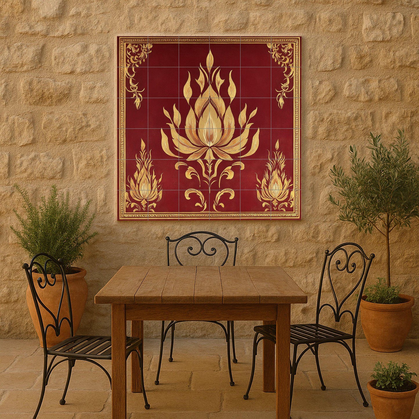 Golden Lotus Ceramic Mural: tile artwork inspired by a Khmer temple with flame motifs, maroon background and ornamental borders from Angkor.