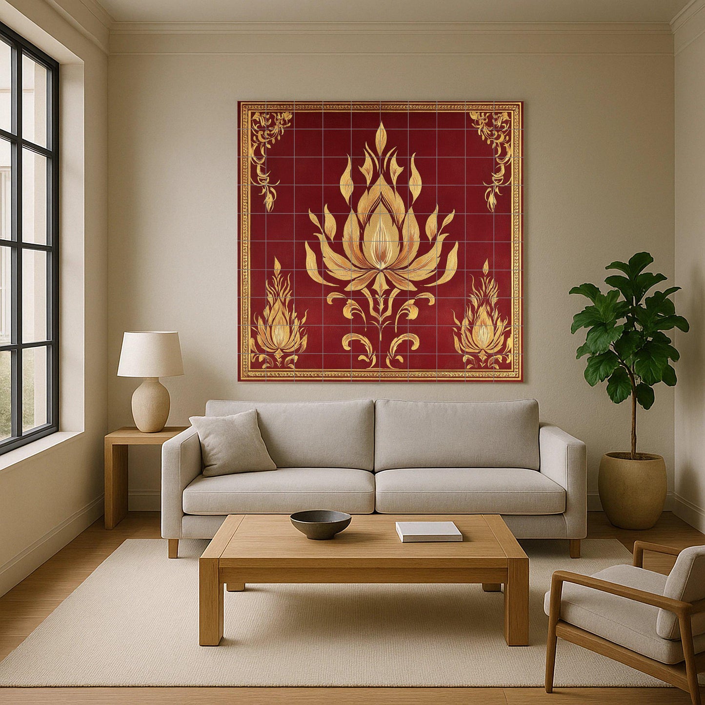 Golden Lotus Ceramic Mural: tile artwork inspired by a Khmer temple with flame motifs, maroon background and ornamental borders from Angkor.