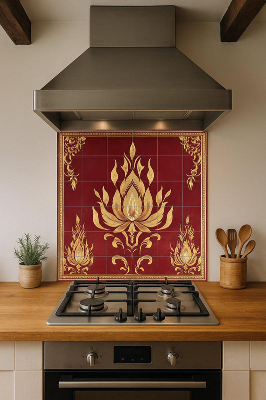 Golden Lotus Ceramic Mural: tile artwork inspired by a Khmer temple with flame motifs, maroon background and ornamental borders from Angkor.