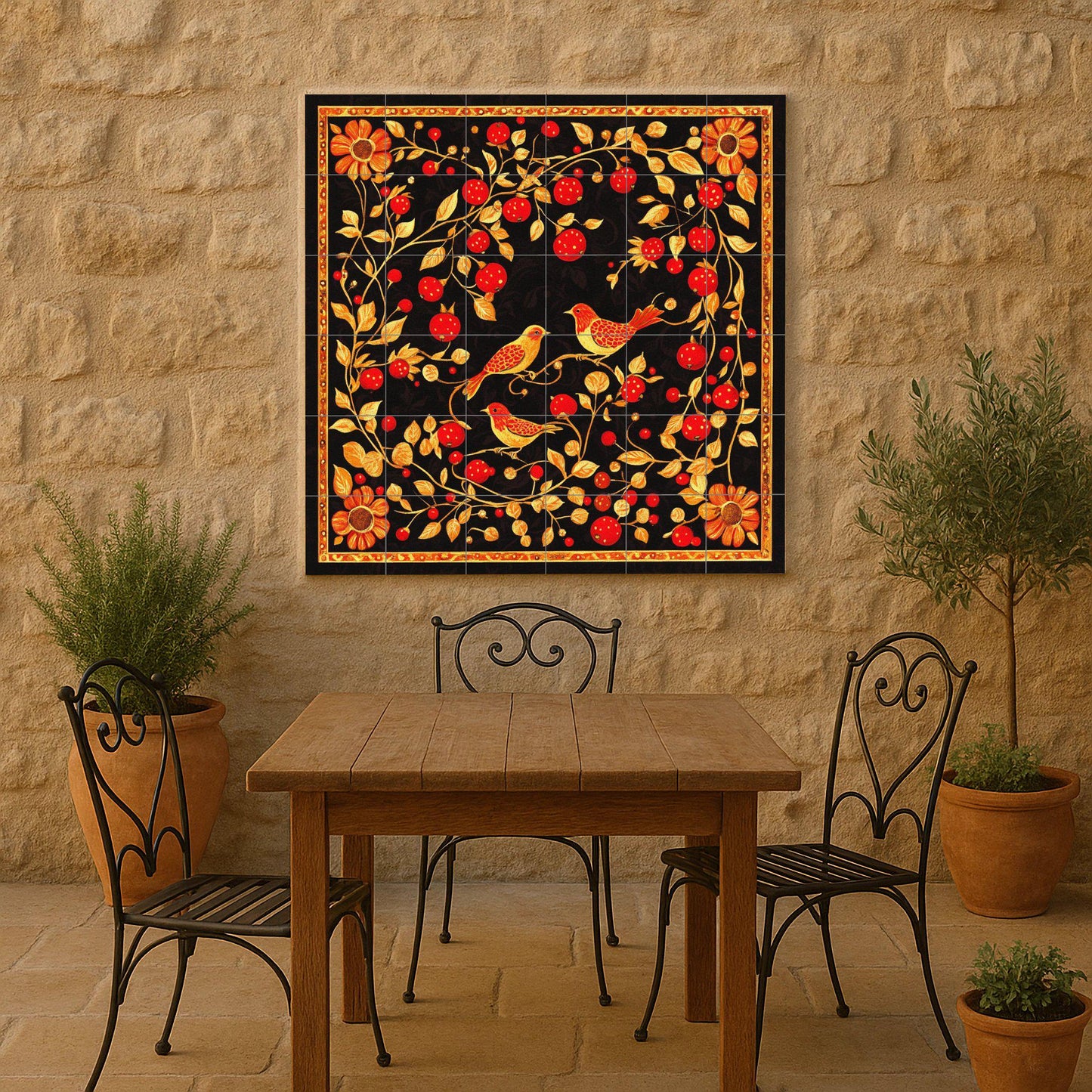 Black and gold ceramic mural: Khokhloma folk-inspired tile artwork featuring red berries, golden birds and ornamental vines.