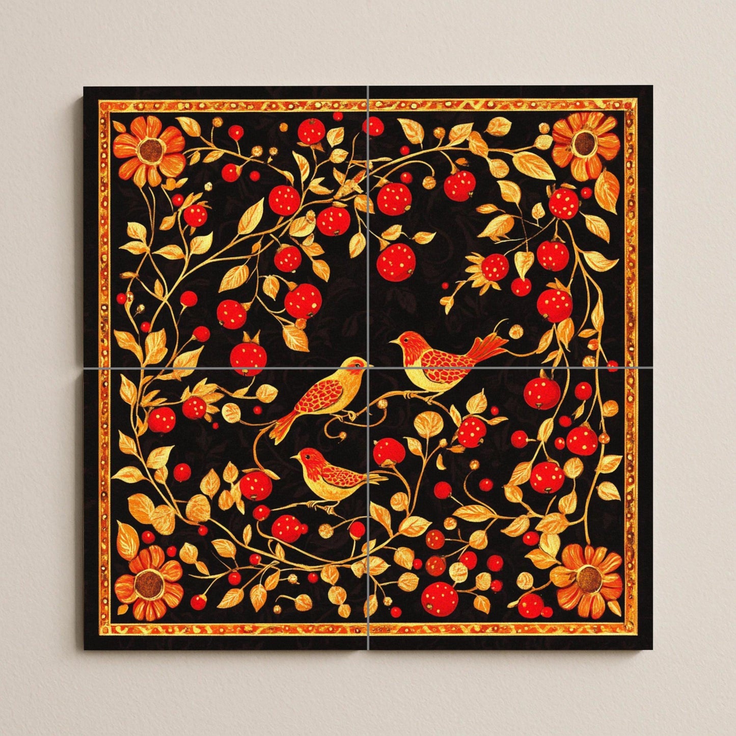 Black and gold ceramic mural: Khokhloma folk-inspired tile artwork featuring red berries, golden birds and ornamental vines.