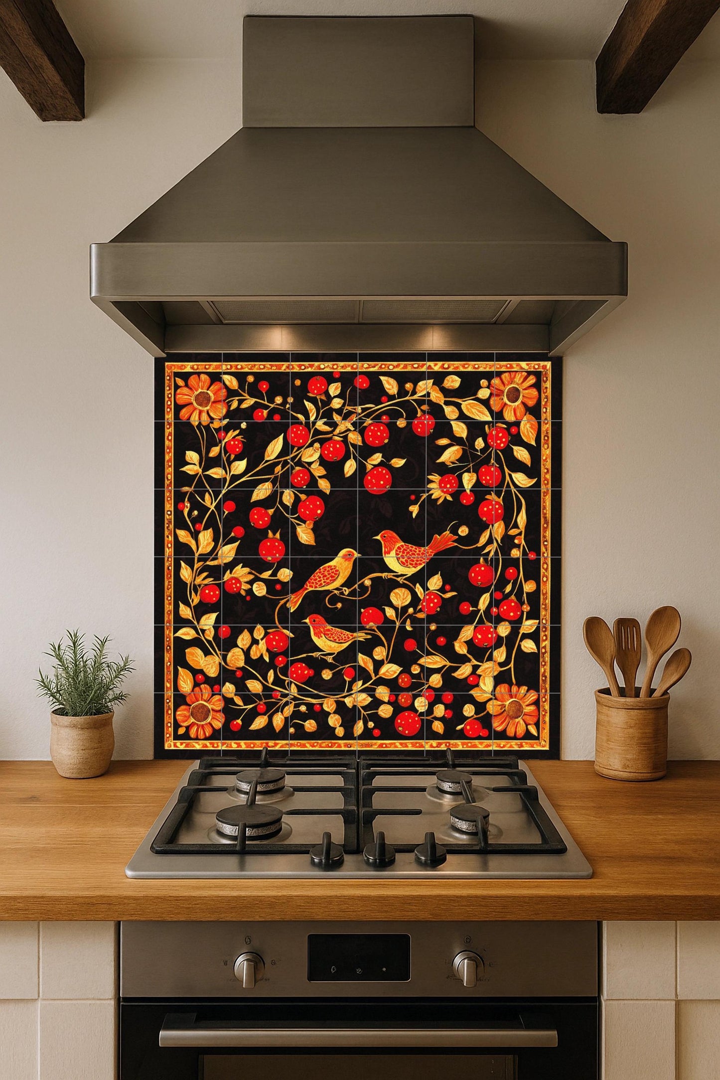 Black and gold ceramic mural: Khokhloma folk-inspired tile artwork featuring red berries, golden birds and ornamental vines.