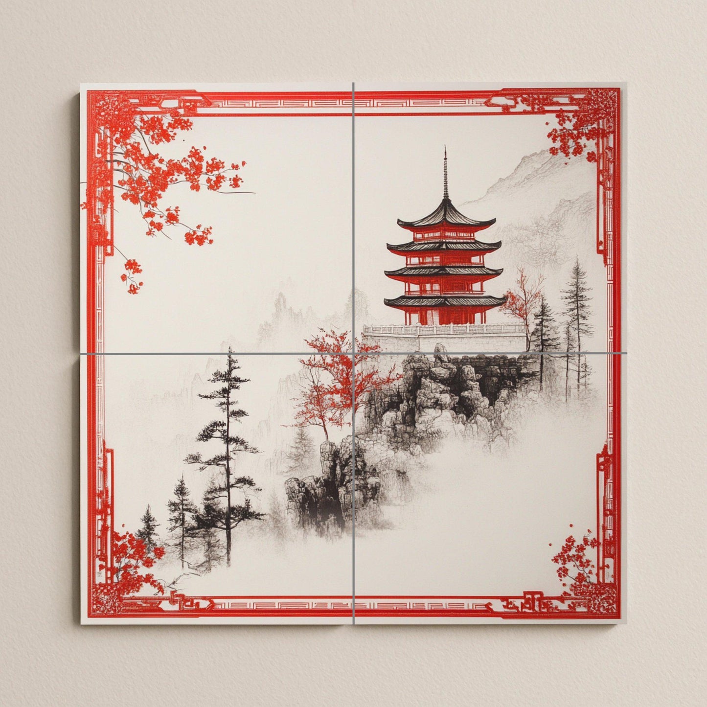 Red Pagoda ceramic mural: mountain tile artwork featuring a misty landscape, oriental pines, and elegant architectural design.
