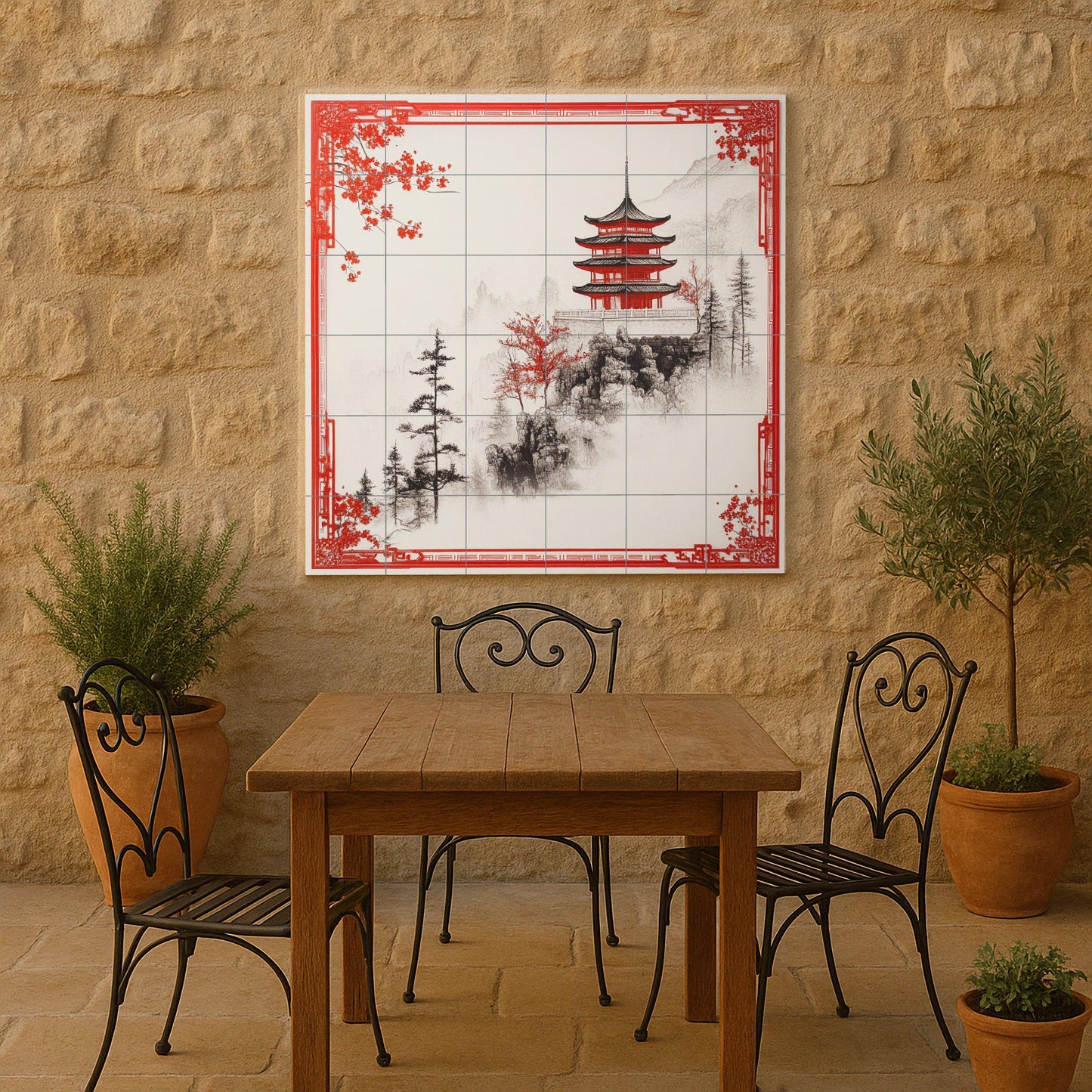 Red Pagoda ceramic mural: mountain tile artwork featuring a misty landscape, oriental pines, and elegant architectural design.