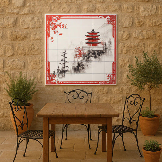 Red Pagoda ceramic mural: mountain tile artwork featuring a misty landscape, oriental pines, and elegant architectural design.