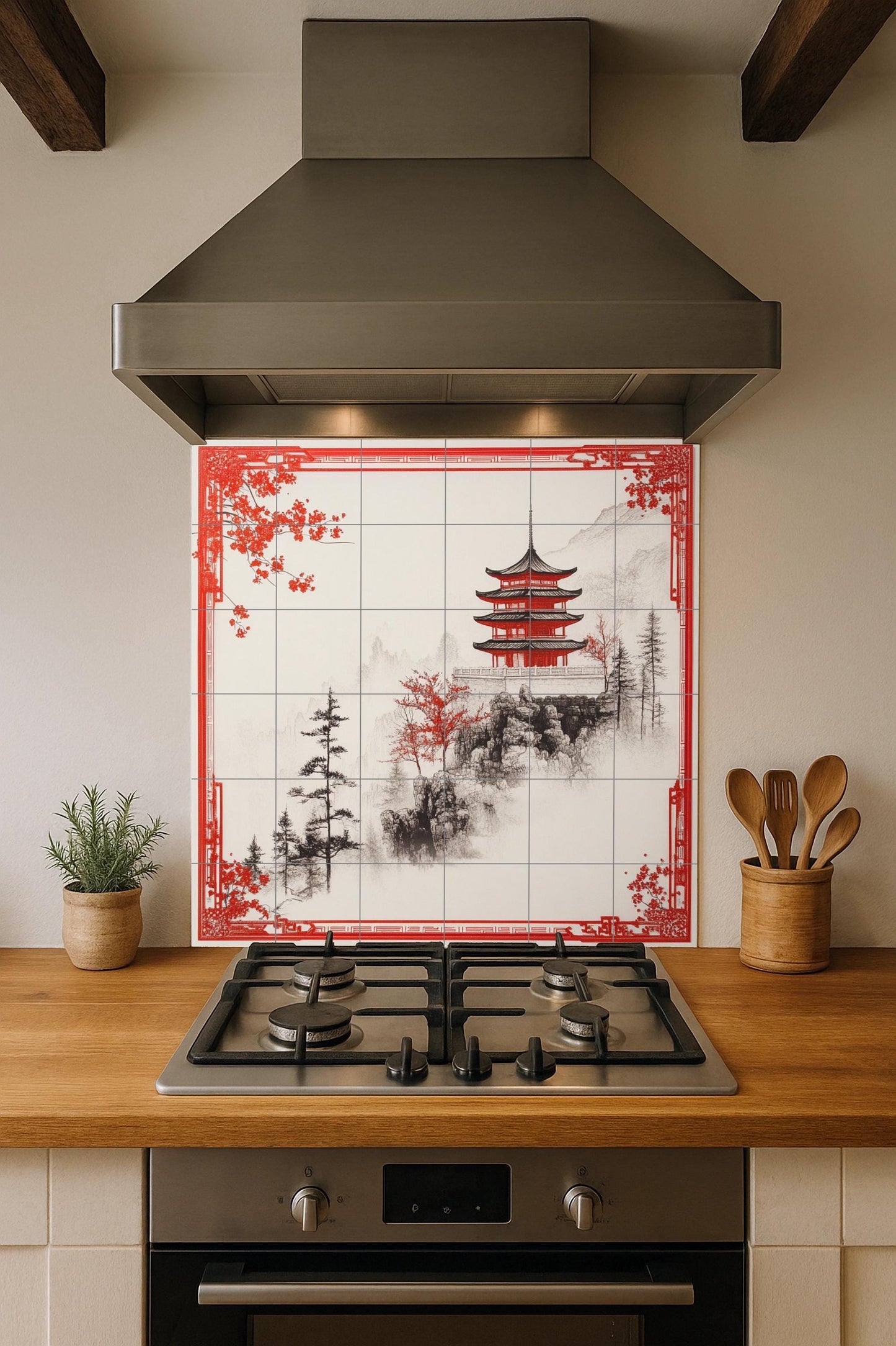 Red Pagoda ceramic mural: mountain tile artwork featuring a misty landscape, oriental pines, and elegant architectural design.