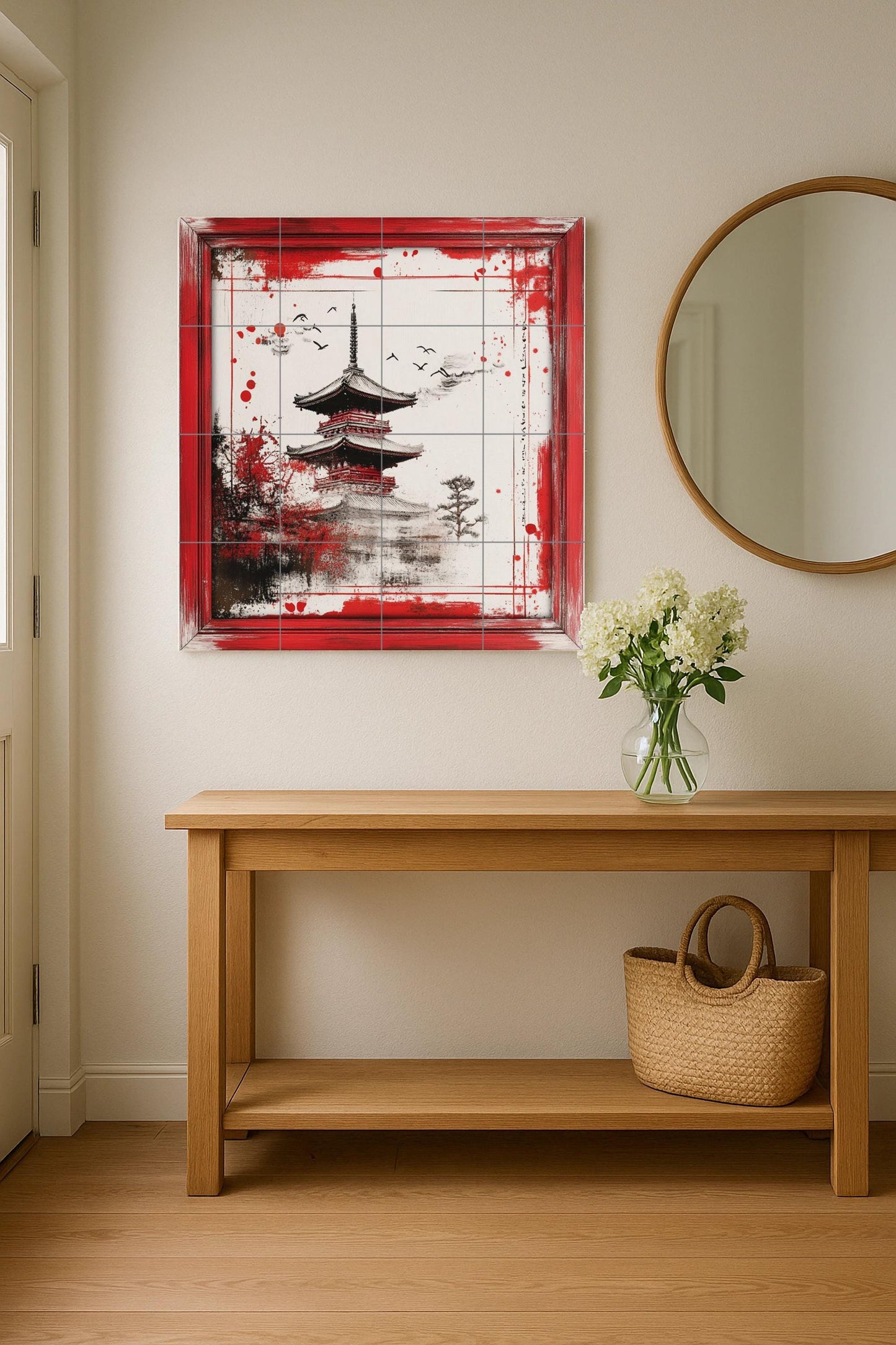 Japanese pagoda ceramic mural: artwork on red and black ink tiles with brushstroke borders and an elegant Zen landscape.