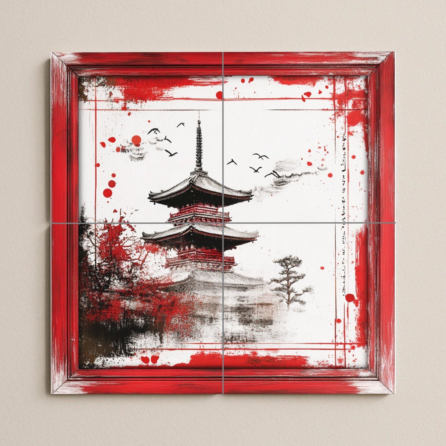 Japanese pagoda ceramic mural: artwork on red and black ink tiles with brushstroke borders and an elegant Zen landscape.