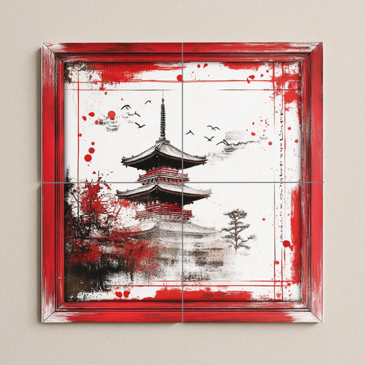 Japanese pagoda ceramic mural: artwork on red and black ink tiles with brushstroke borders and an elegant Zen landscape.