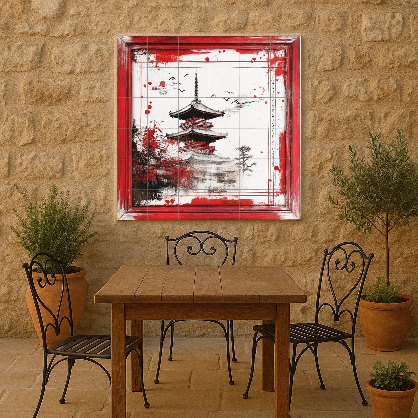Japanese pagoda ceramic mural: artwork on red and black ink tiles with brushstroke borders and an elegant Zen landscape.